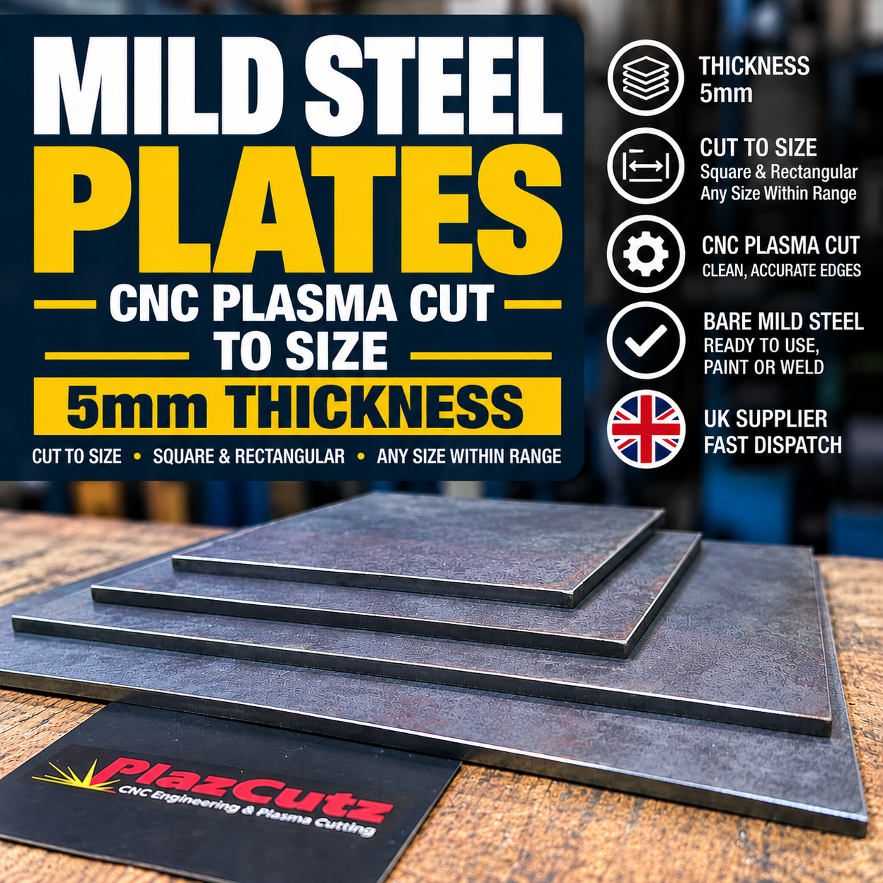 5mm S275 mild steel plates cut to size using CNC plasma cutting. Bare square and rectangular steel plates manufactured by PlazCutz in Lancashire.