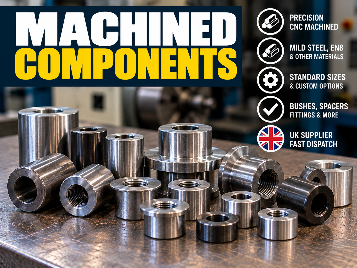 Machined metal components, including threaded bushings and spacers, displayed on a workshop table with CNC machining service text