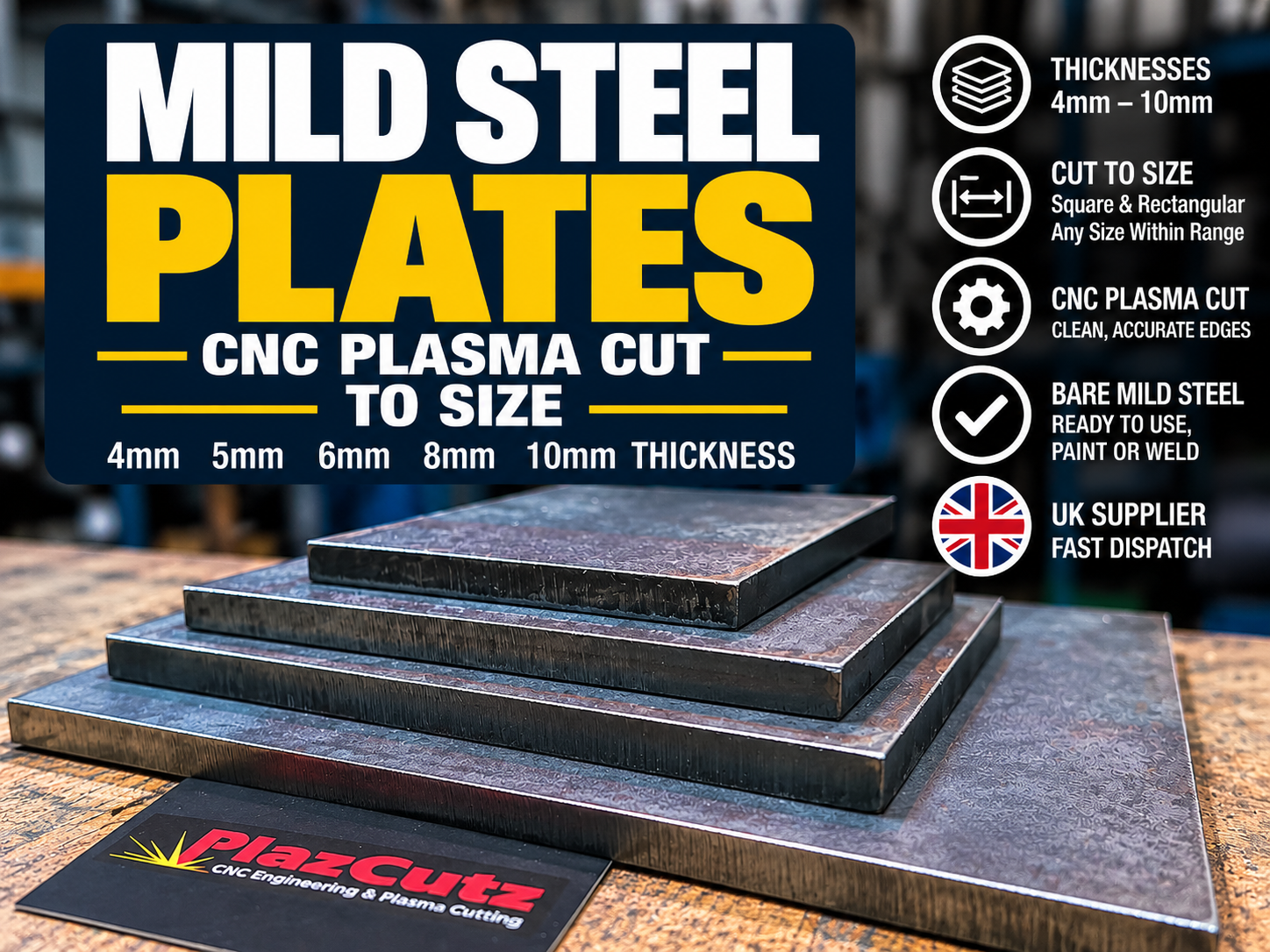 S275 mild steel plates CNC plasma cut to size by PlazCutz in Lancashire, available in 4mm, 5mm, 6mm, 8mm and 10mm thicknesses, with square and rectangular cutting options.