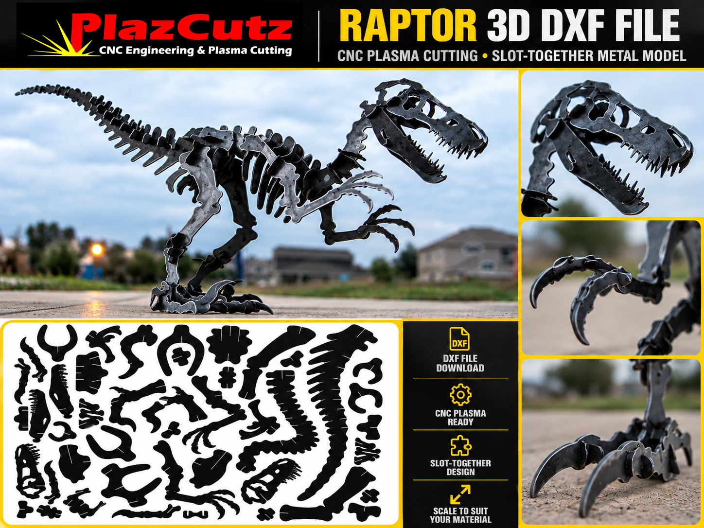 Raptor 3D DXF File – CNC Plasma Cutting Metal Puzzle