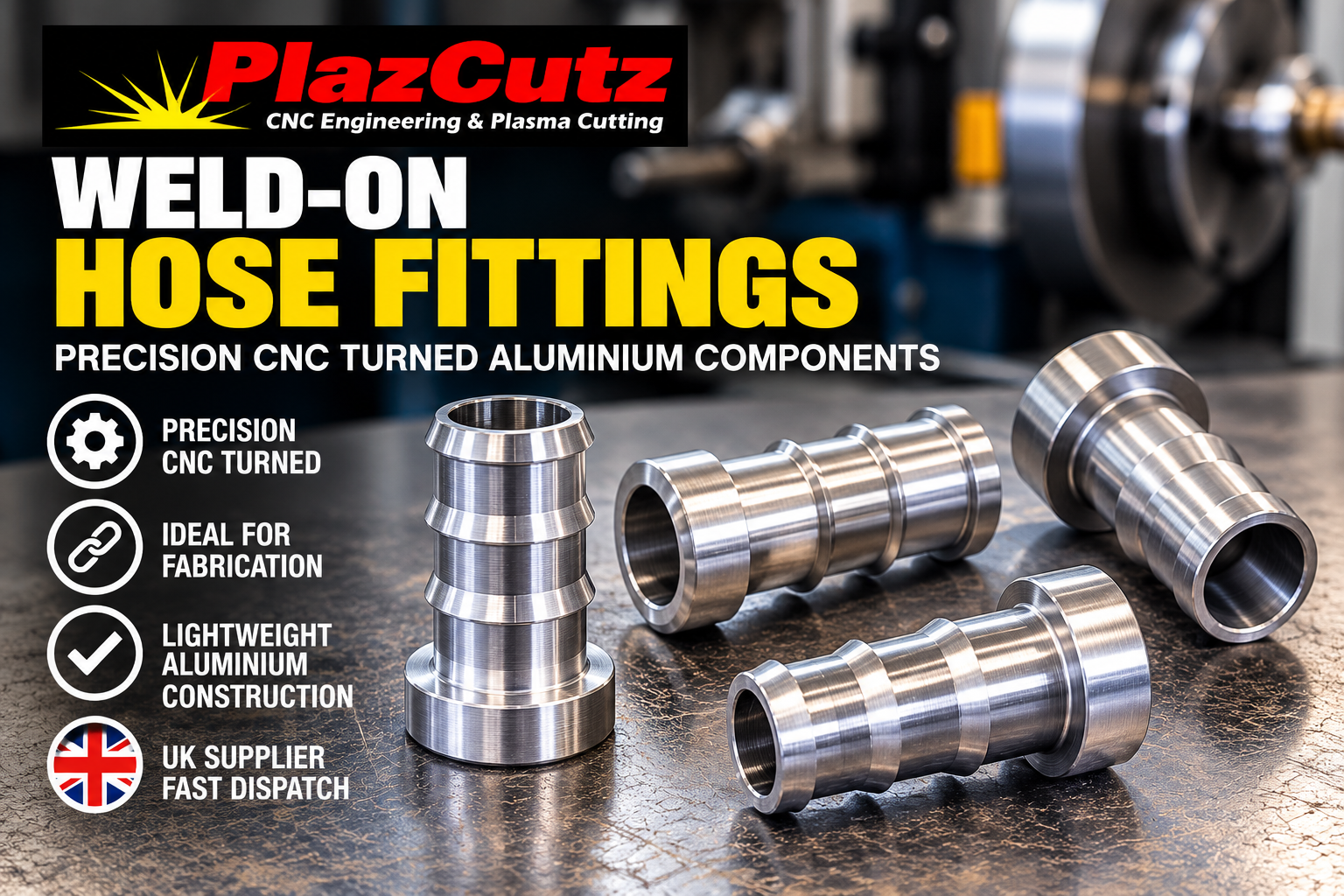 Precision CNC turned aluminium weld-on hose tail fittings manufactured by PlazCutz in Lancashire, UK, for fabrication, automotive and engineering applications.