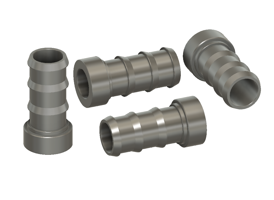 Four CAD views of CNC turned aluminium weld-on barbed hose fittings, showing the machined welding bases, hose tails and stepped barb profiles. (Copy) (Copy) (Copy)