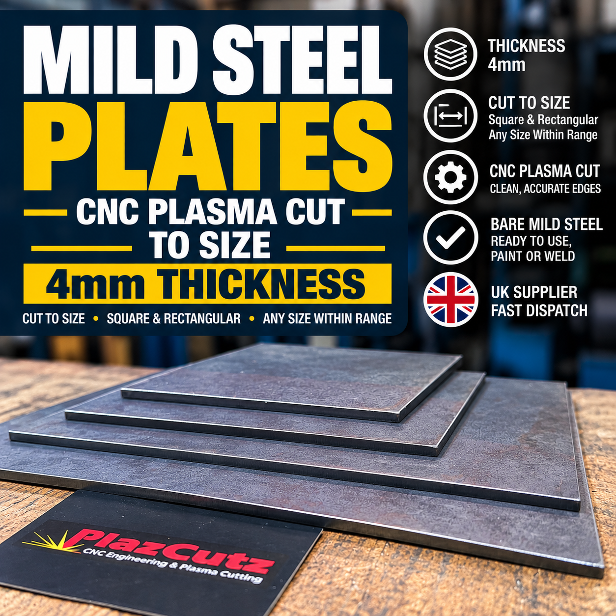 4mm S275 mild steel plates CNC plasma cut to size by PlazCutz. Square and rectangular bare steel plates available for engineering and fabrication projects.