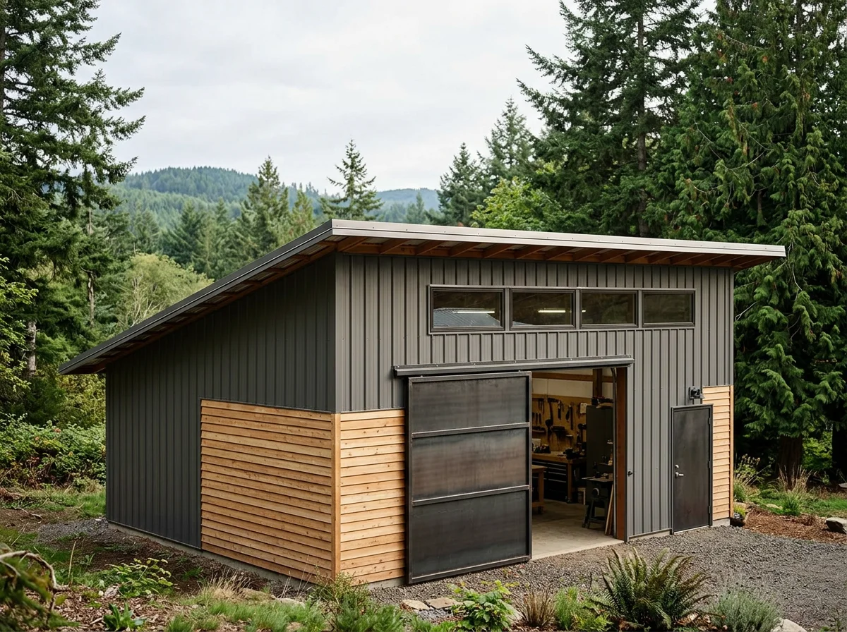 Modern metal-sided workshop with open sliding doors, surrounded by evergreen trees in a forested mountain setting