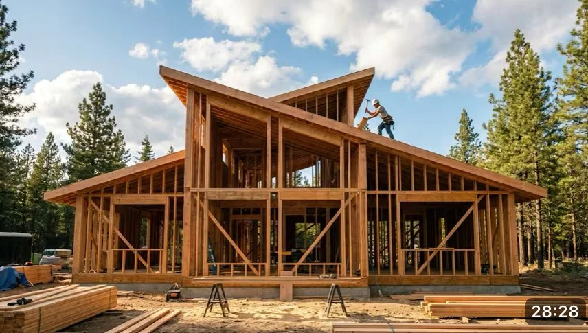 Timber-framed house under construction in a pine forest, with a worker on the roof and lumber stacked in front