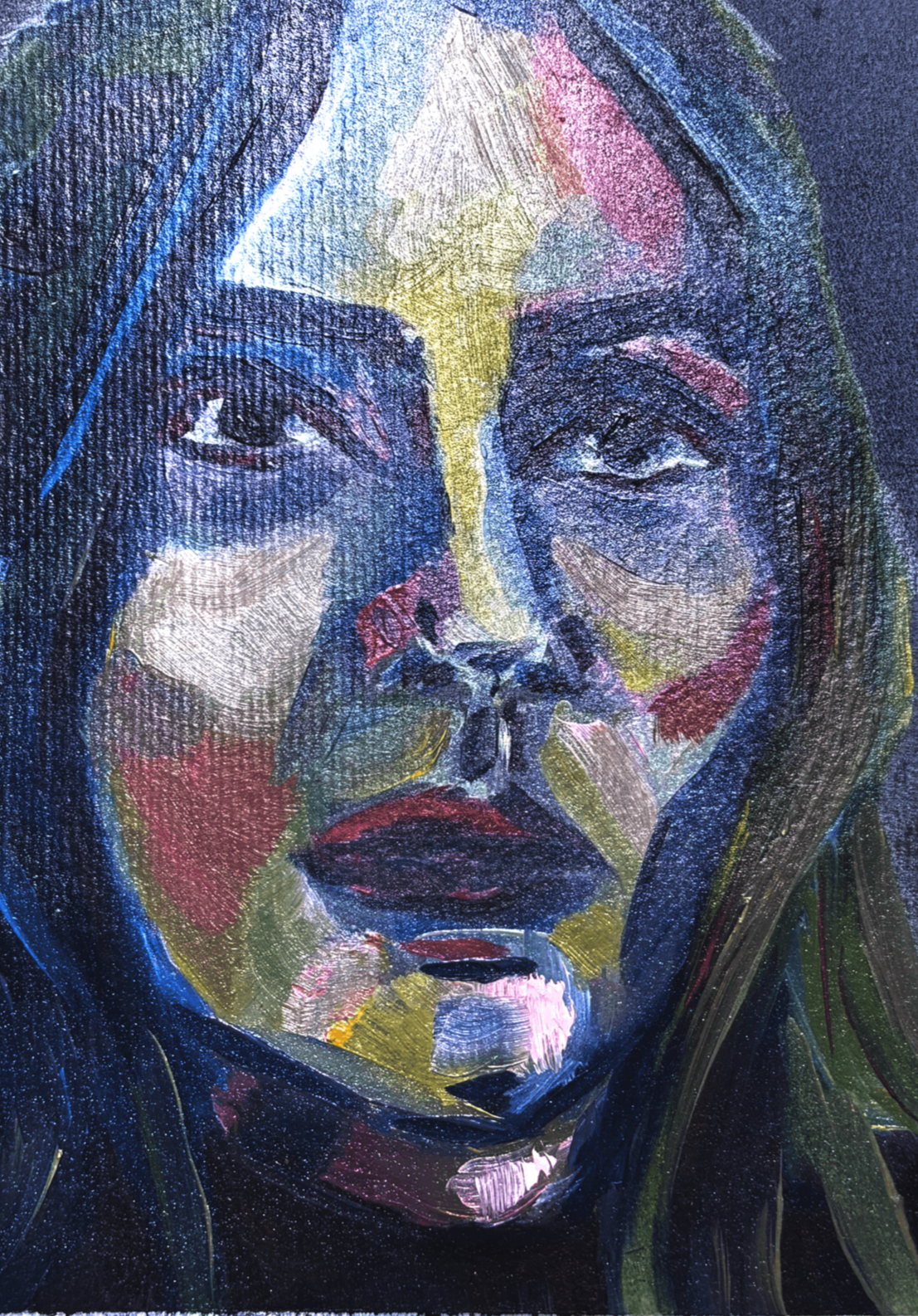Retrato artístico de uma mulher com cores vibrantes e traços expressivos em estilo de pintura