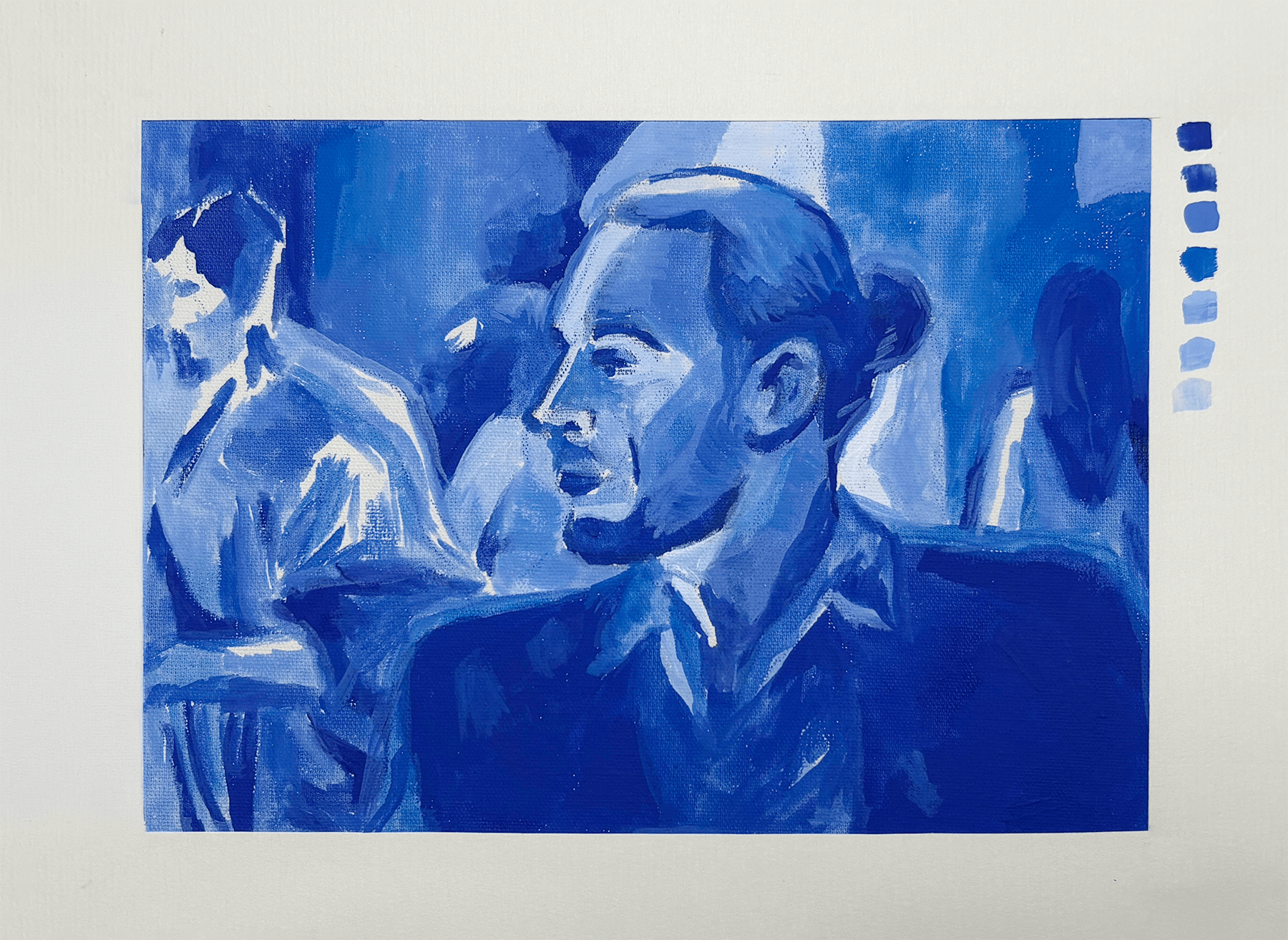 Pintura em tons de azul retratando duas pessoas, uma delas usando óculos de proteção na cabeça, em um estilo artístico expressionista.