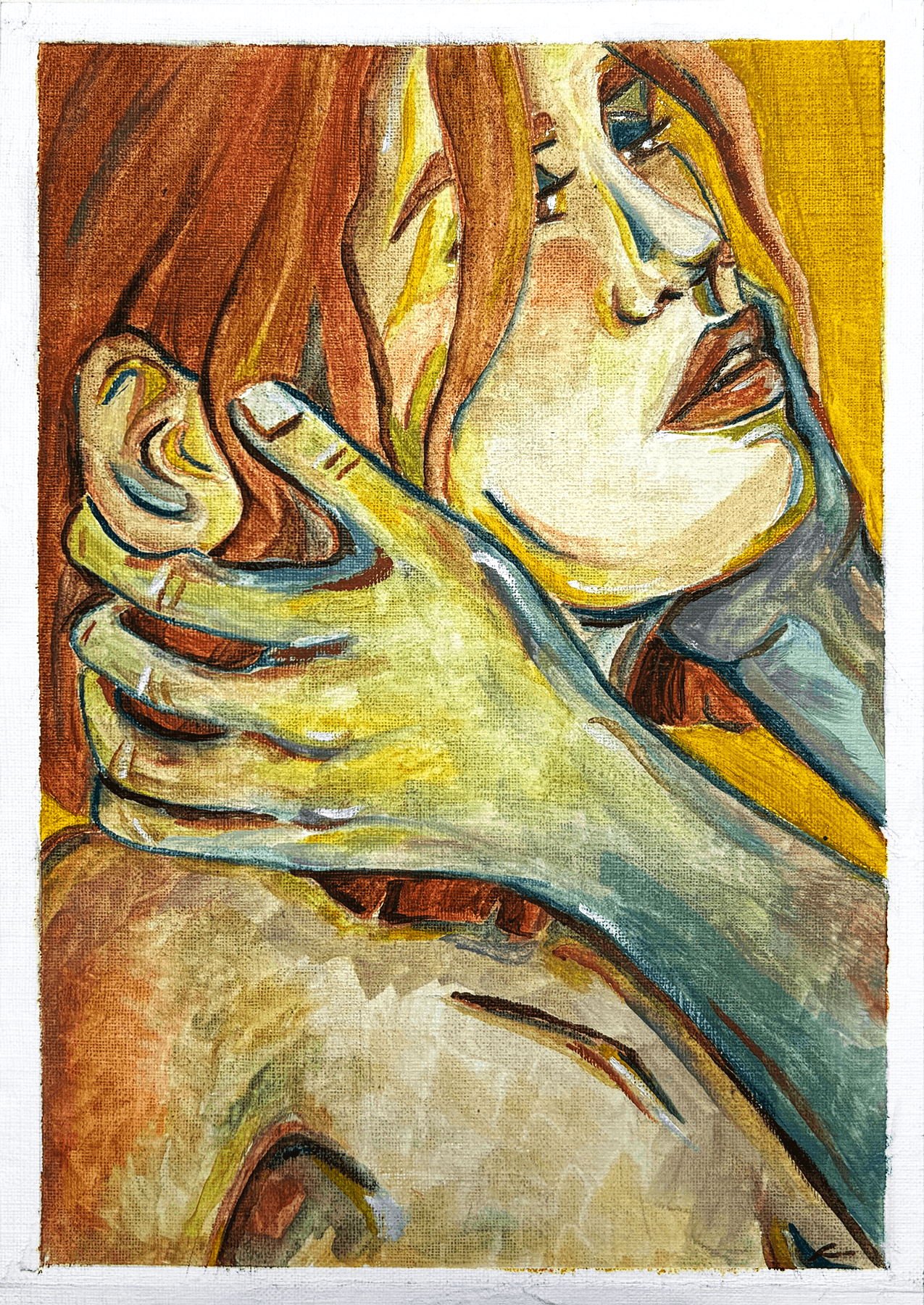 Retrato em estilo expressionista de uma mulher com cabelos longos e castanhos, com os olhos fechados, tocando o rosto com uma mão, cores quentes predominantes.