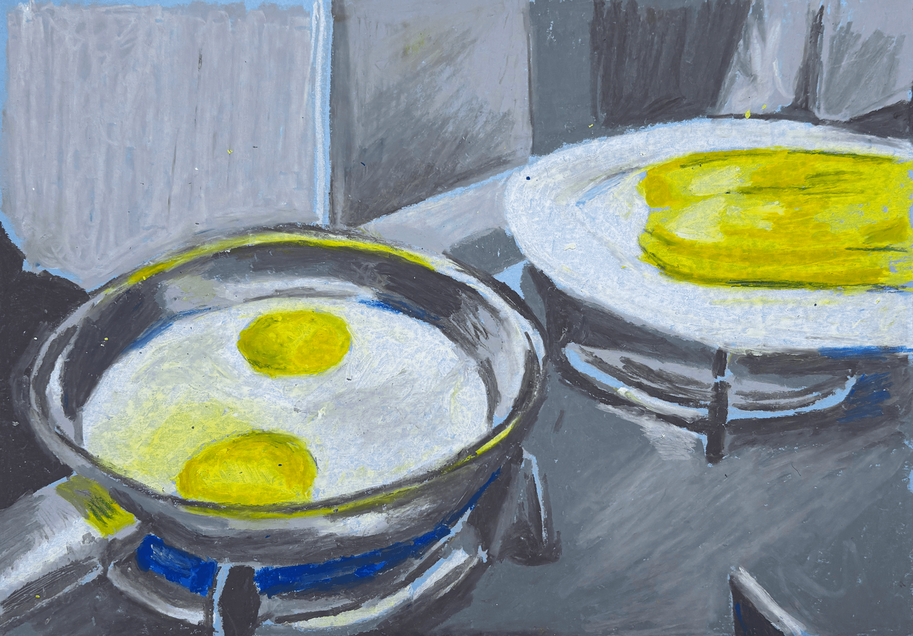 Pintura de uma cozinha com duas panelas no fogão, uma delas com ovos fritos, em estilo artístico e com cores vibrantes.