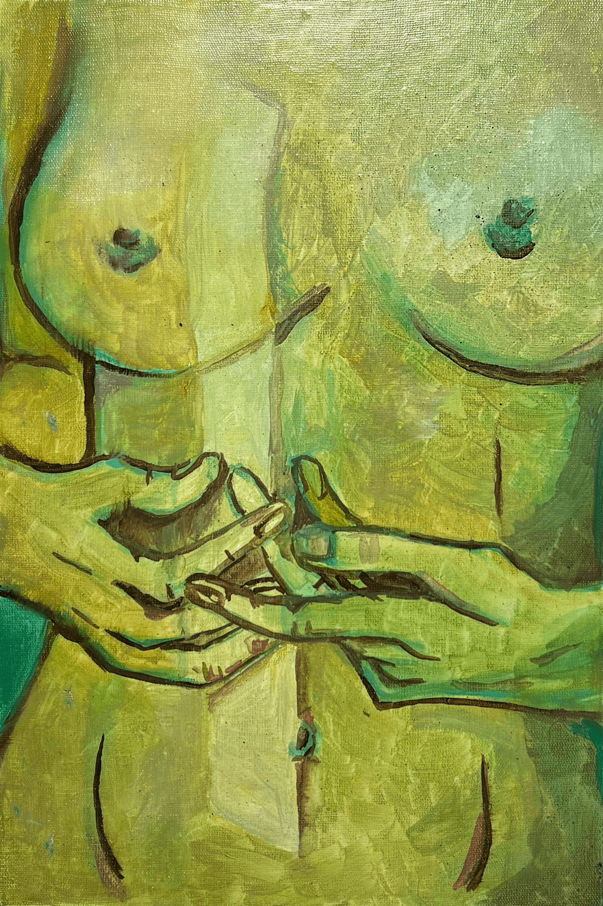 Reprodução de uma pintura de duas mulheres, uma com os olhos fechados e a outra olhando com um dedo na boca, ambas com pele amarelada, feitas com traços negros e cores em tons de verde e amarelo.