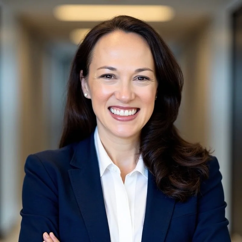 Smiling businesswoman in a navy blazer and white blouse posing for a professional headshot