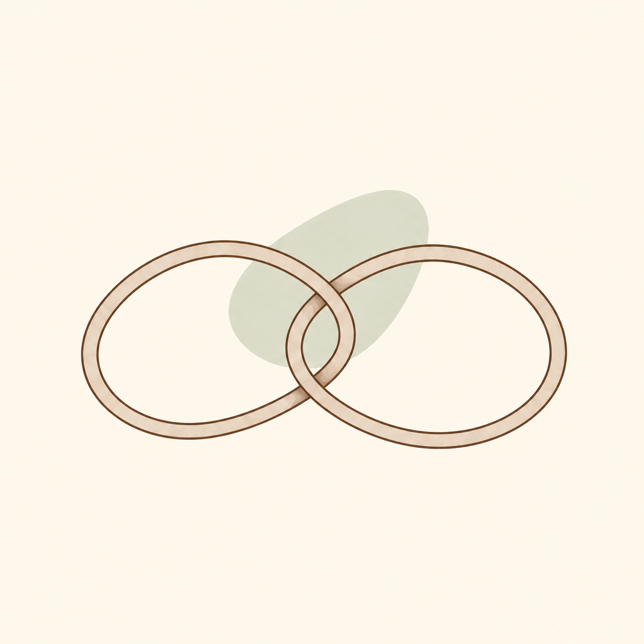 Illustration of two interlocking wedding rings with a soft green leaf behind them