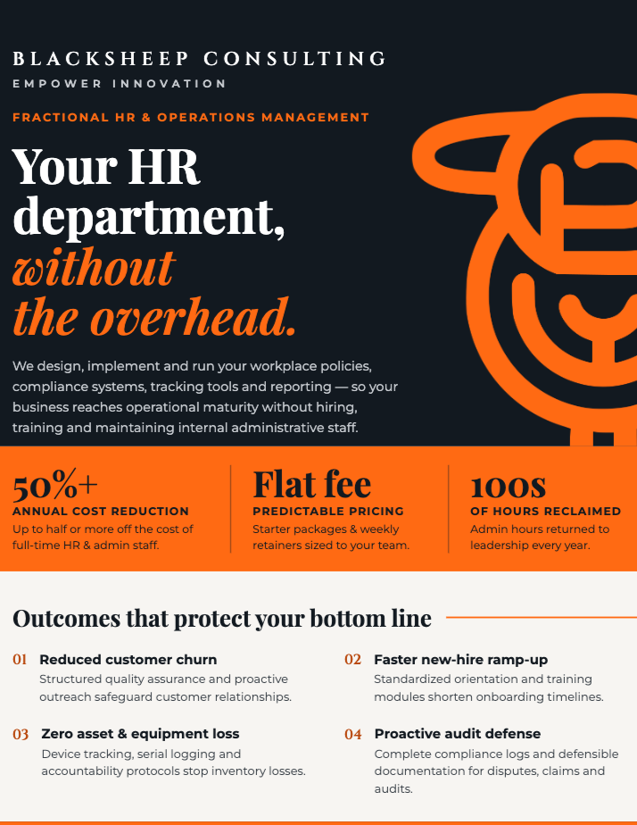 BlackSheep Consulting fractional HR and operations management services flyer highlighting reduced costs, flat-fee pricing, reclaimed admin hours, and business outcomes.
