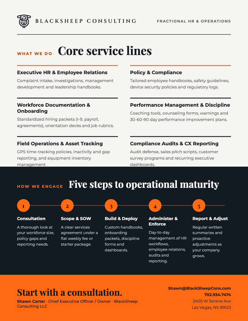 BlackSheep Consulting fractional HR and operations services brochure outlining core service lines, five engagement steps, and consultation contact information.