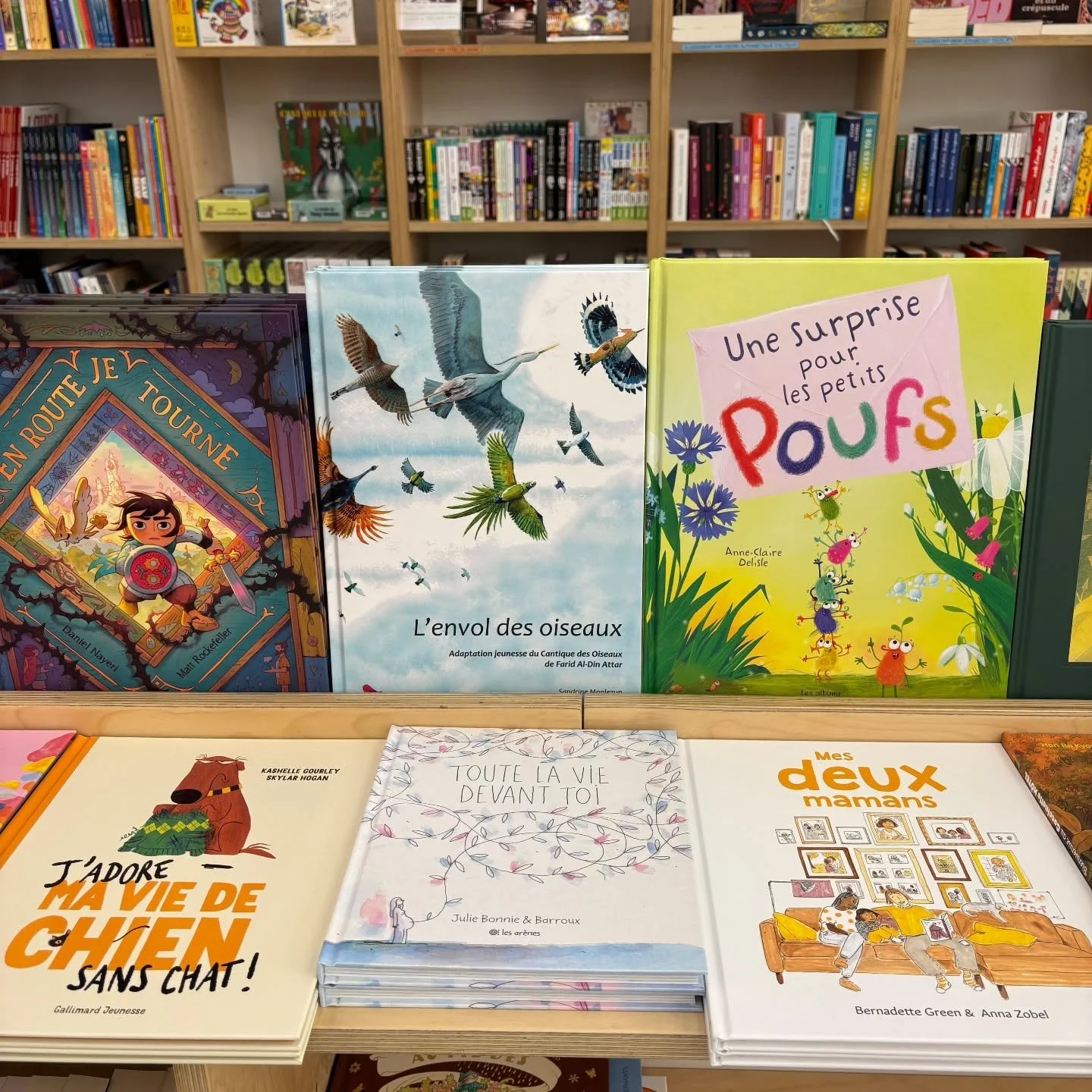 Table de librairie présentant une sélection de livres pour enfants et albums jeunesse illustrés, devant des étagères remplies de livres.