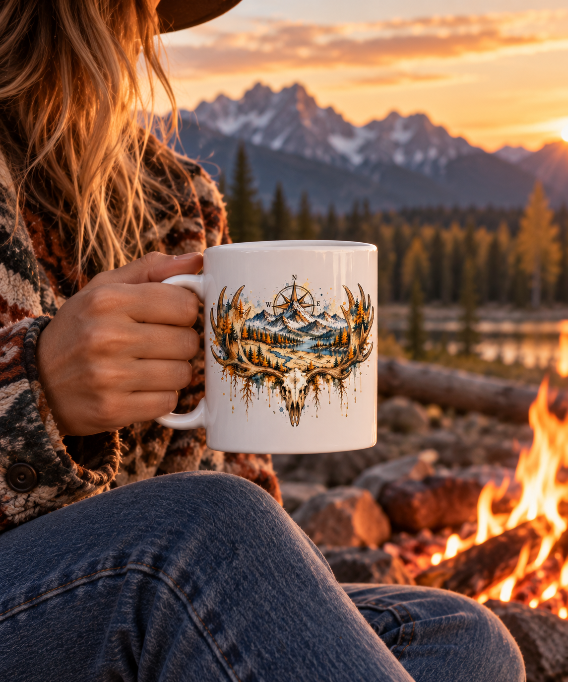 White glossy mug with autumn skull
