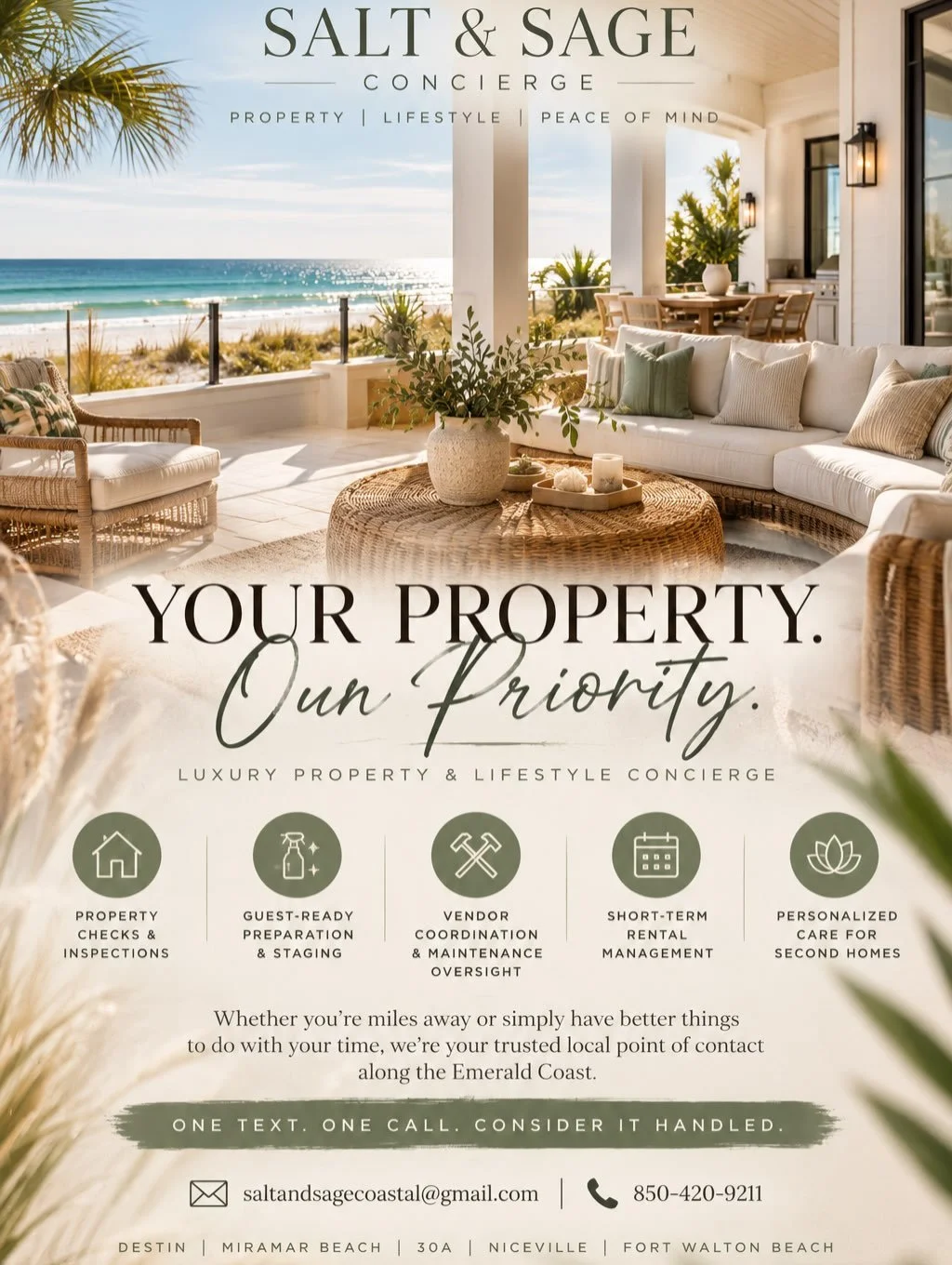 🌿 Your Property. Our Priority.

Owning a coastal property should feel like an investment, not another full-time job.

At Salt &amp; Sage Concierge, we handle the details that keep your property beautiful, guest-ready, and running smoothly.

✨ Proper