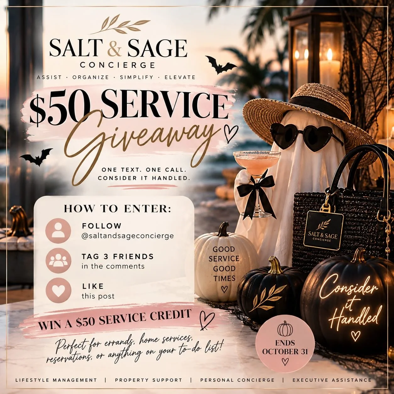 👻 SOMETHING SPOOKTACULAR IS HAPPENING AT SALT &amp; SAGE! 🎃✨

We&rsquo;re celebrating spooky season by treating one lucky winner to a $50 Salt &amp; Sage Concierge service credit! 🖤

Because the only thing scarier than Halloween is a never-ending 