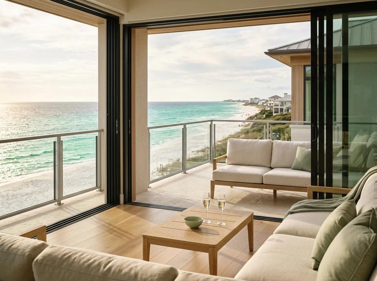 Bright beachfront living room with modern sofas, wooden coffee table, and sliding glass doors opening to a balcony overlooking turquoise ocean and sandy beach