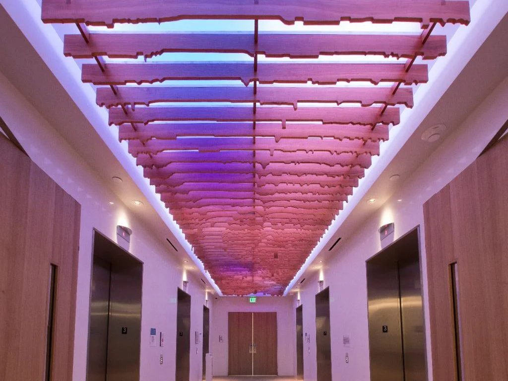 A ceiling sculpture illuminated by color changing LED lights