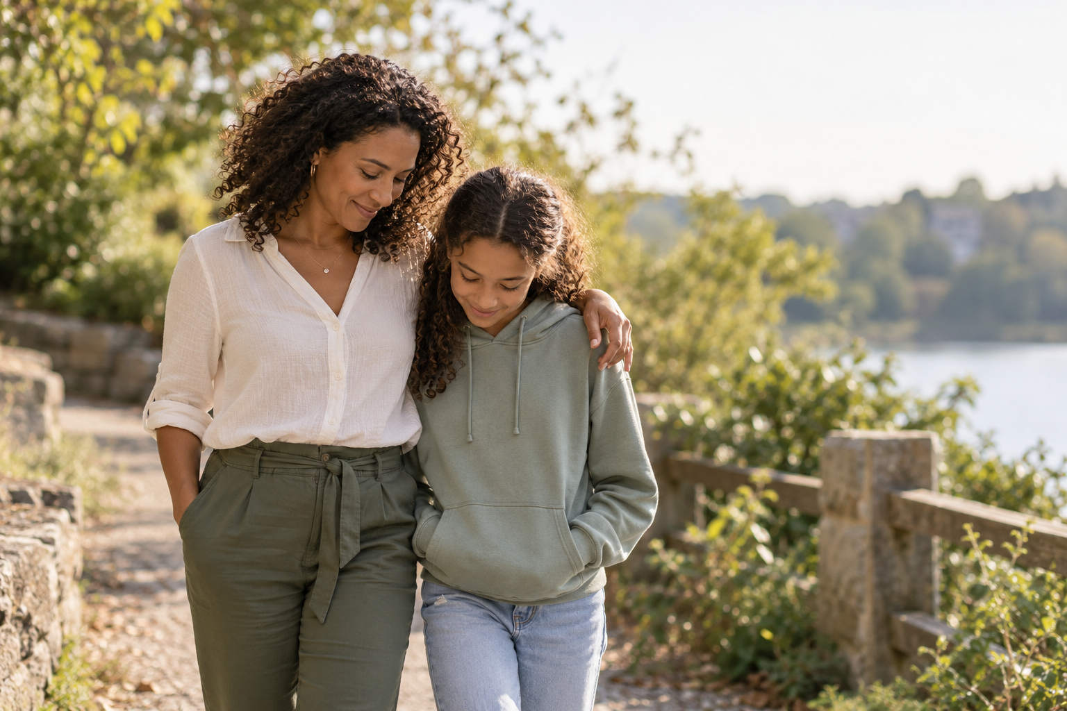 Mother walking with her arm around her teenage daughter along a peaceful, tree-lined waterfront path.