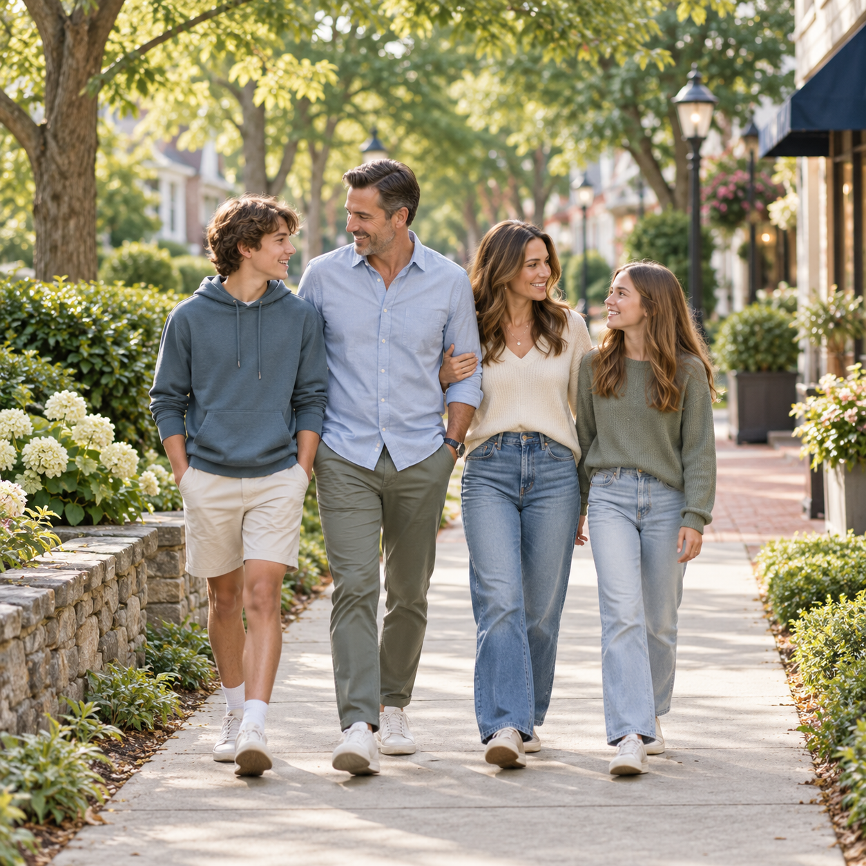 Family of four walking together through a leafy neighborhood, with two parents and two teenage children.