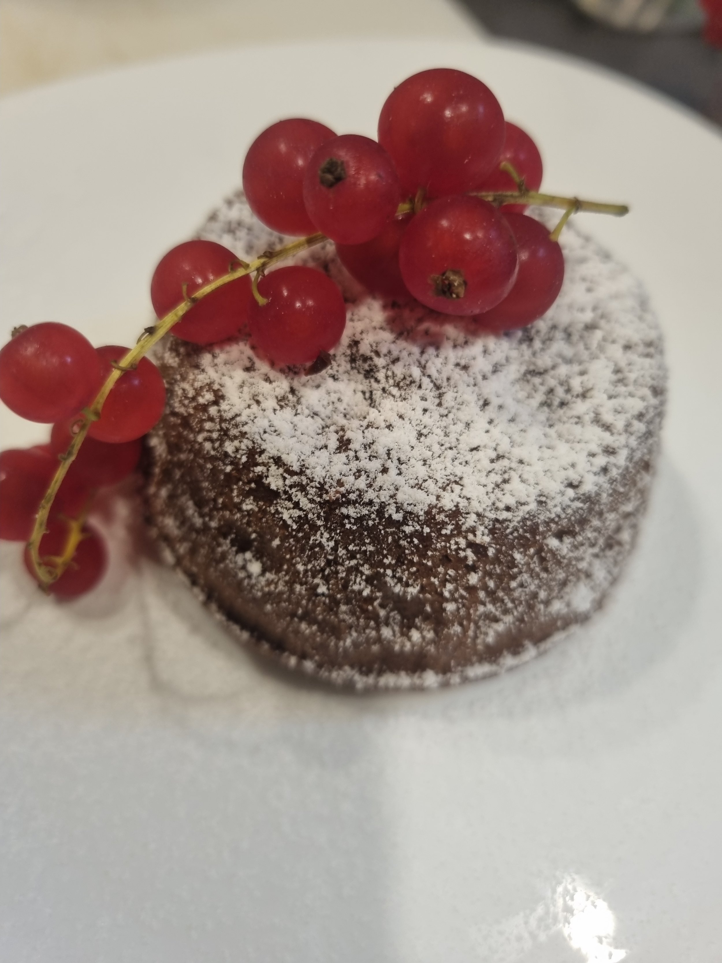 Torta al cioccolato spolverizzata di zucchero a velo e decorata con ribes rosso.