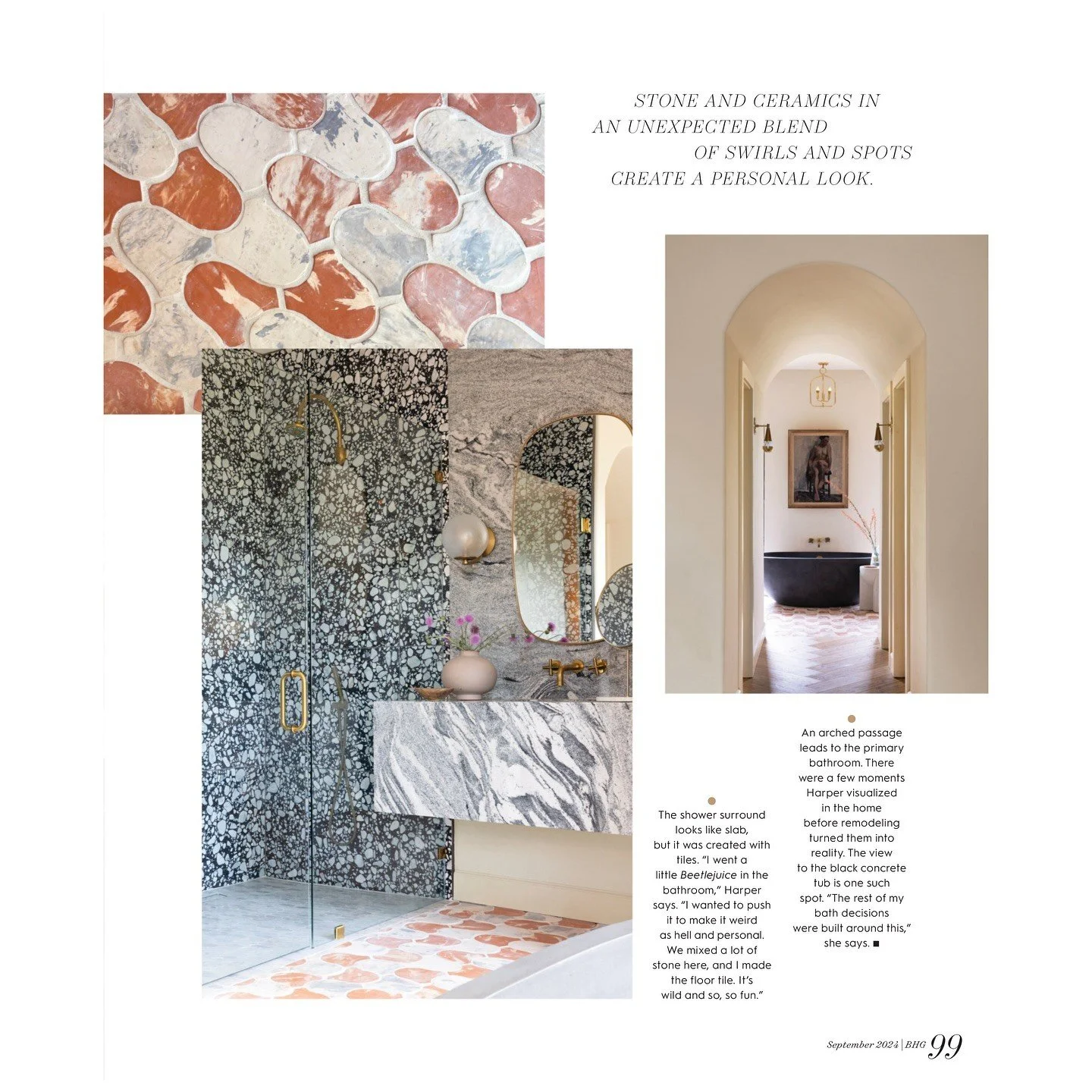 Magazine page featuring terrazzo surfaces and a sculptural shower