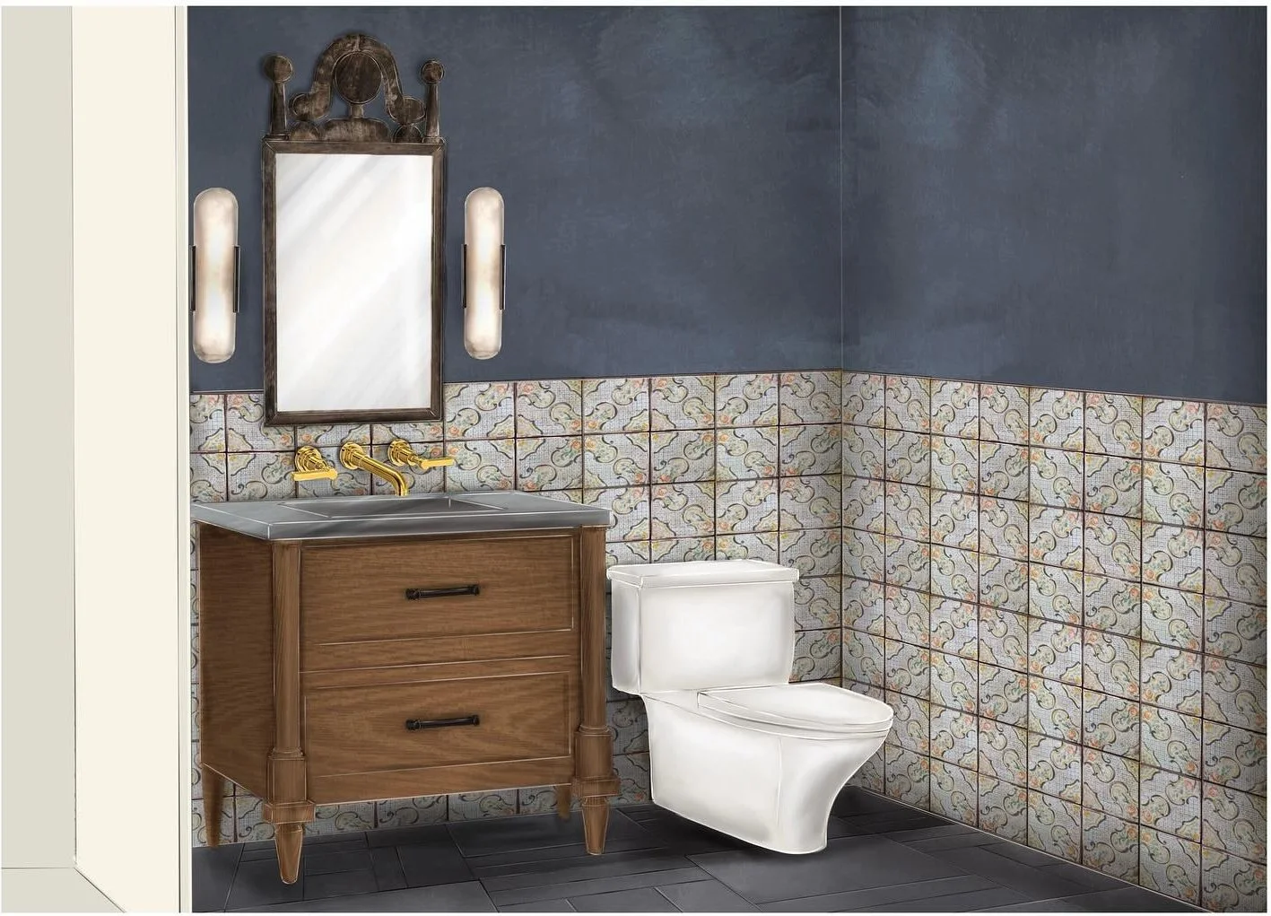 Bathroom design rendering with patterned tile wood vanity and dark walls
