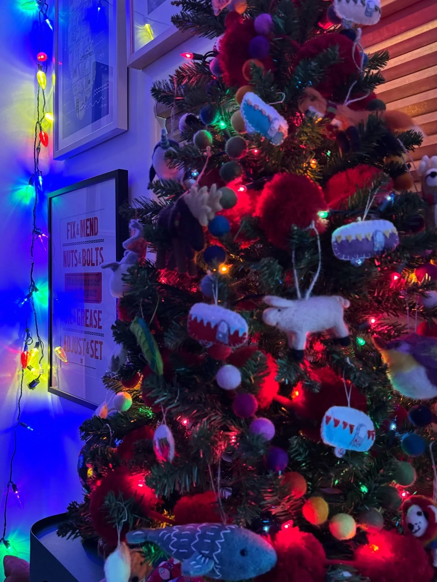 Christmas tree lit with blue and multicolored lights