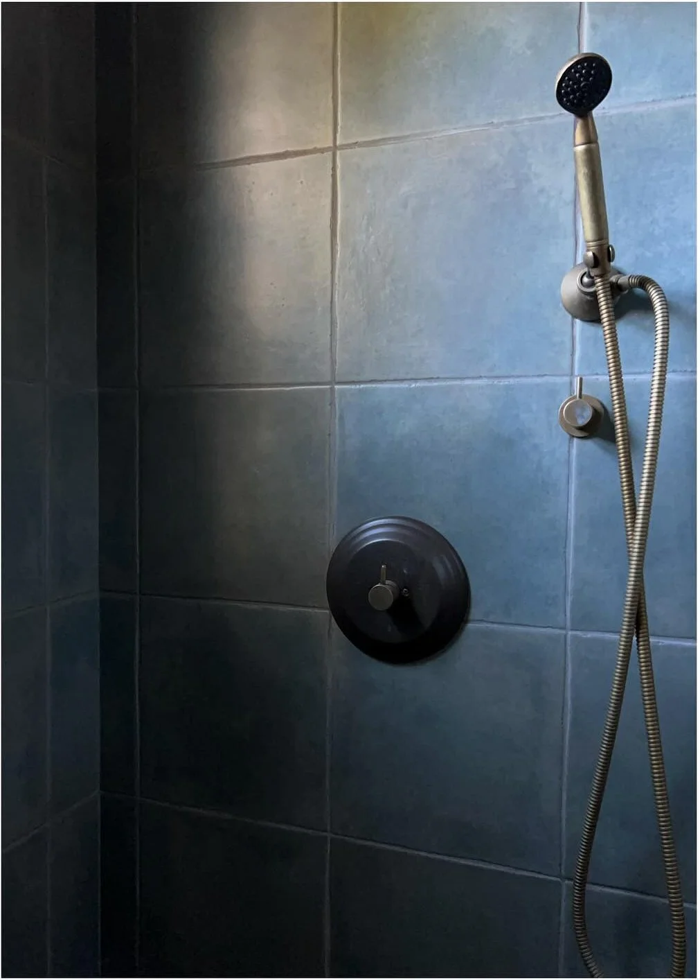Dark tiled shower wall with a handheld brass shower fitting