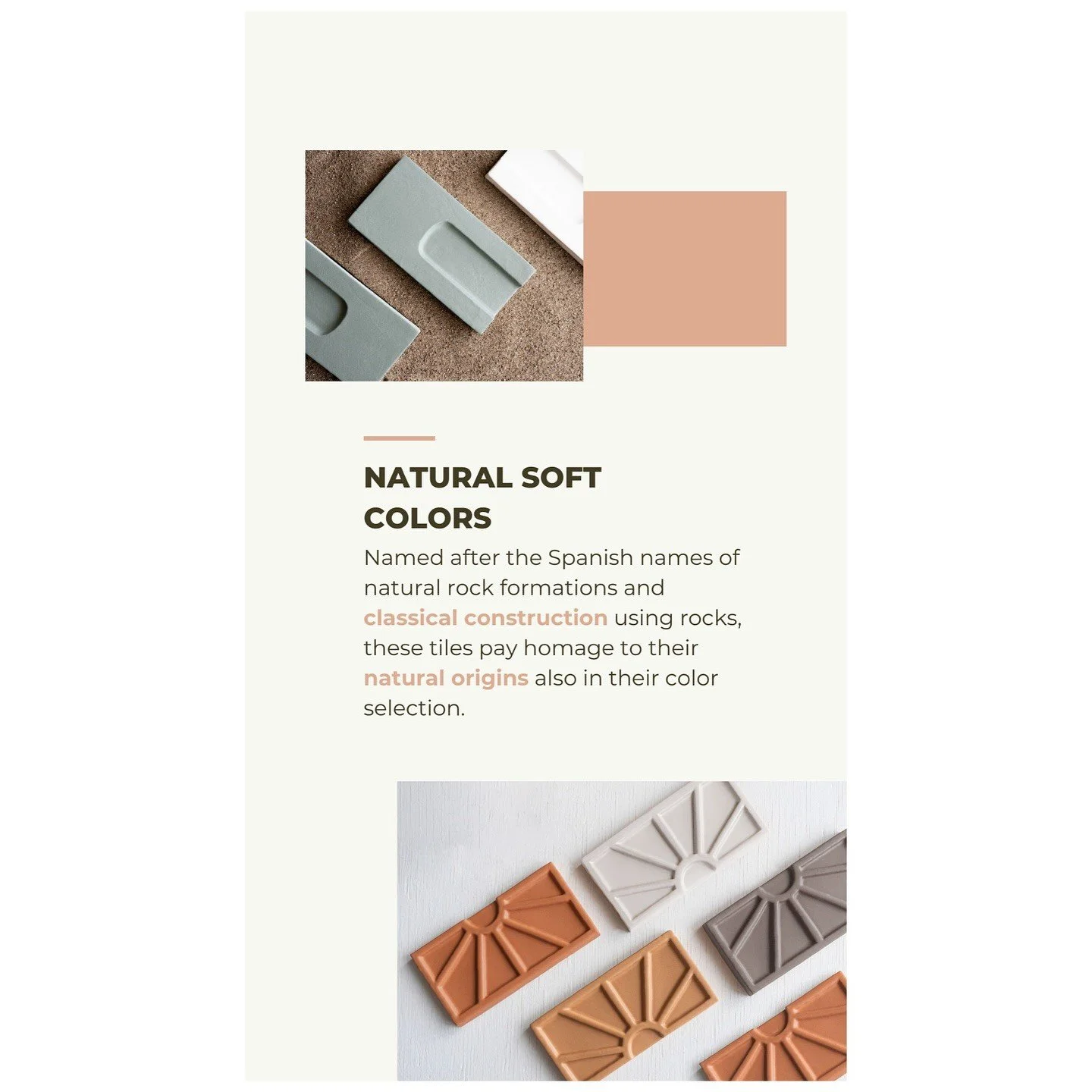 Relief tile samples in soft gray and terracotta colors