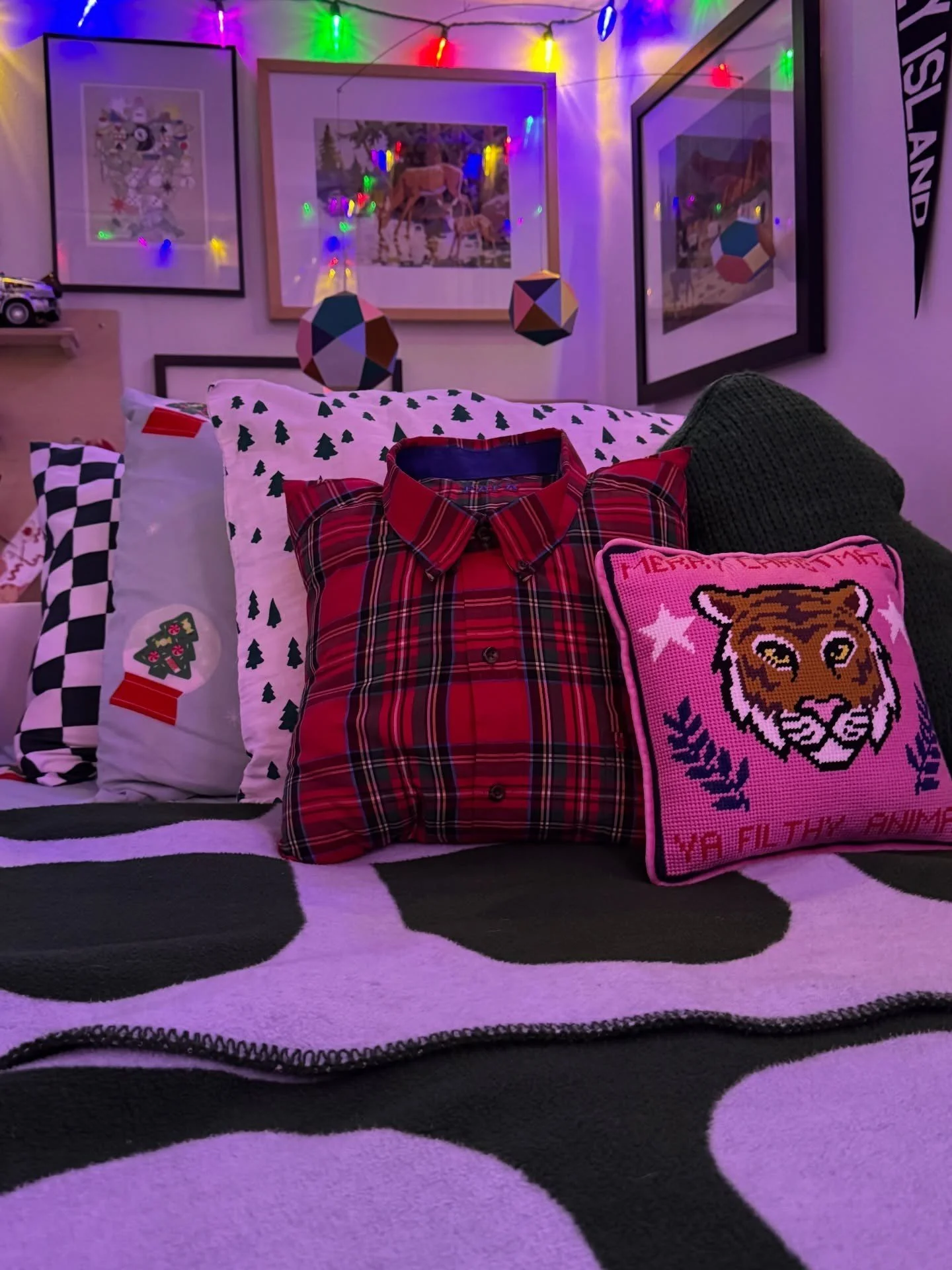Plaid and embroidered cushions against bold patterned bedding