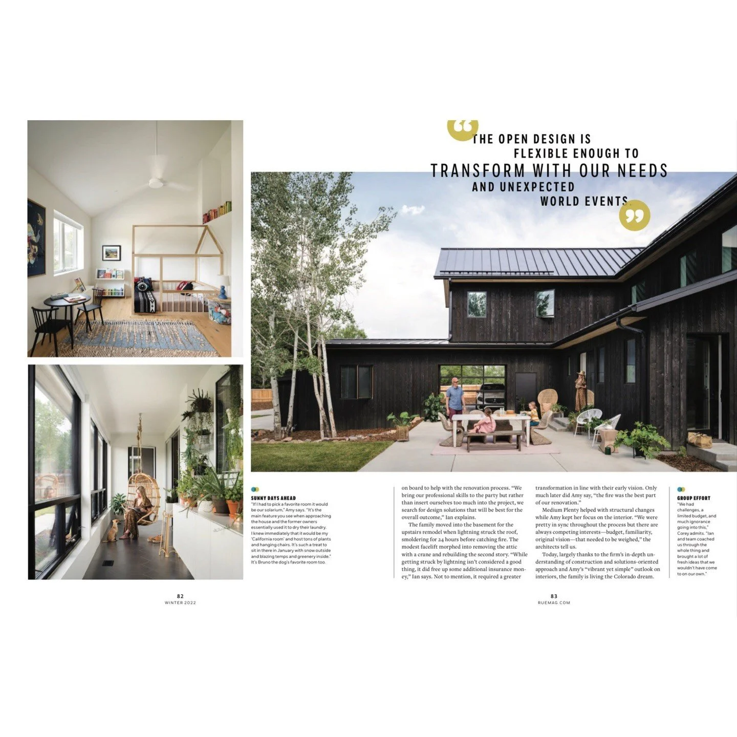 Editorial spread showing a modern black home and bright interiors