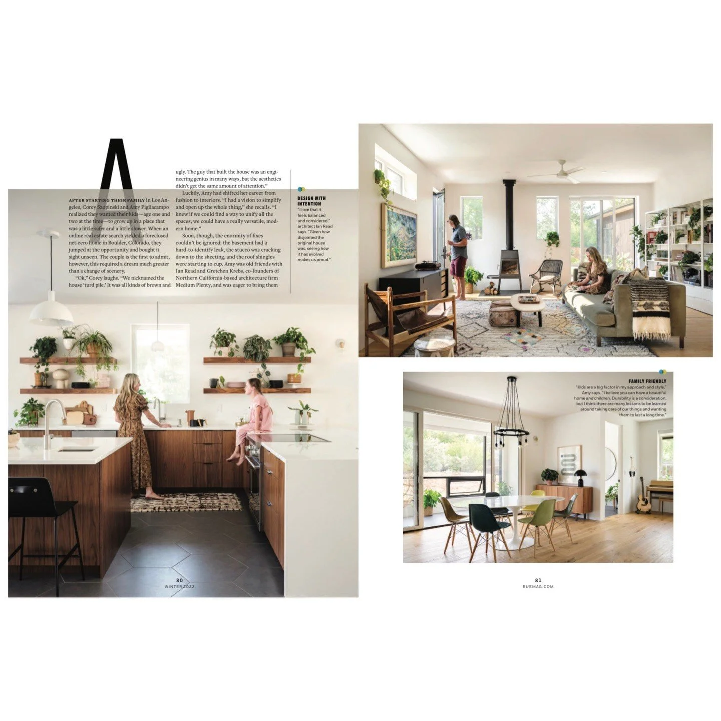 Magazine pages showing colorful interiors and custom cabinetry