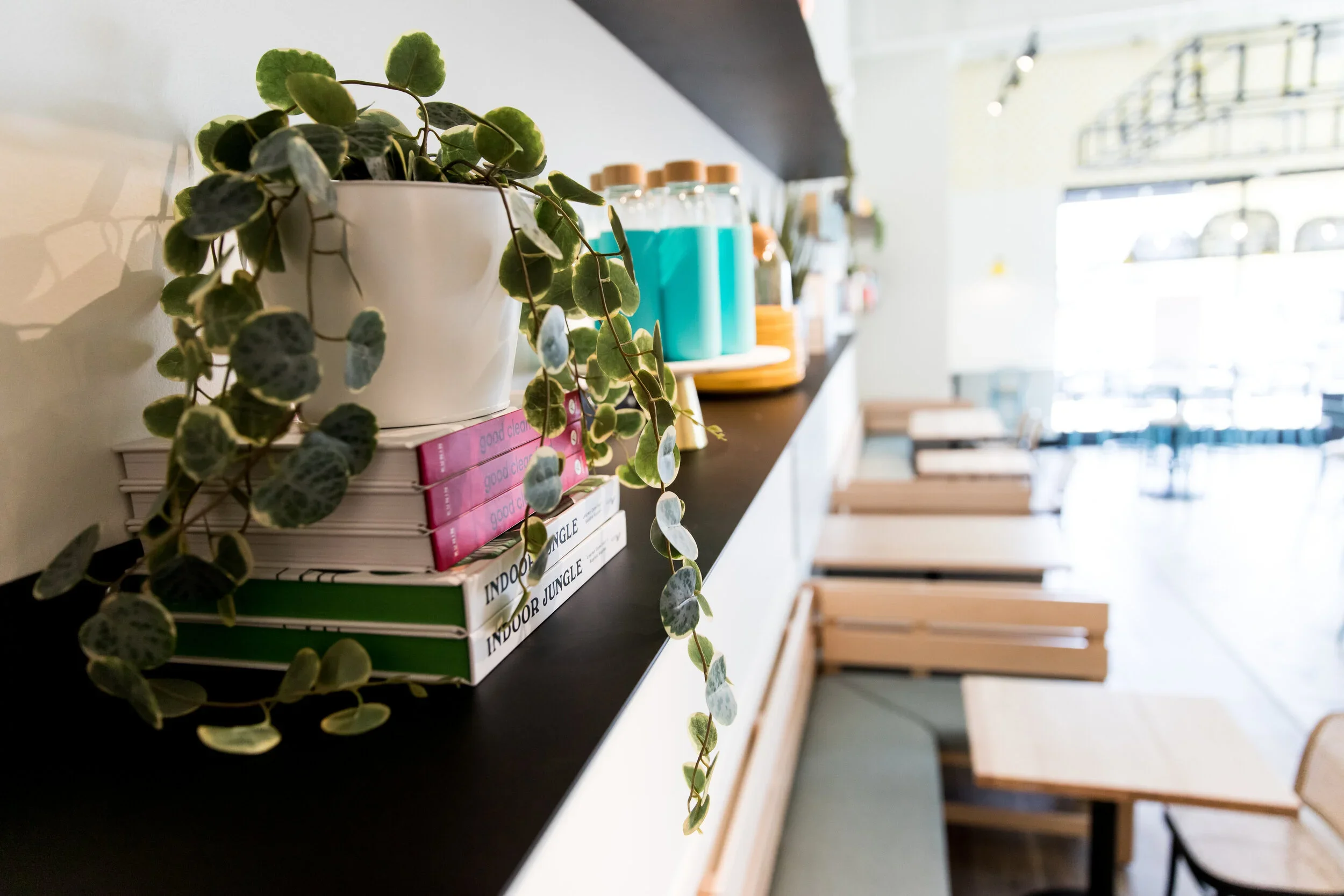Restaurant shelf detail with trailing plants, colorful ceramics, stacked books, and decorative objects above a wood banquette. Photography by Nathan Warmes
