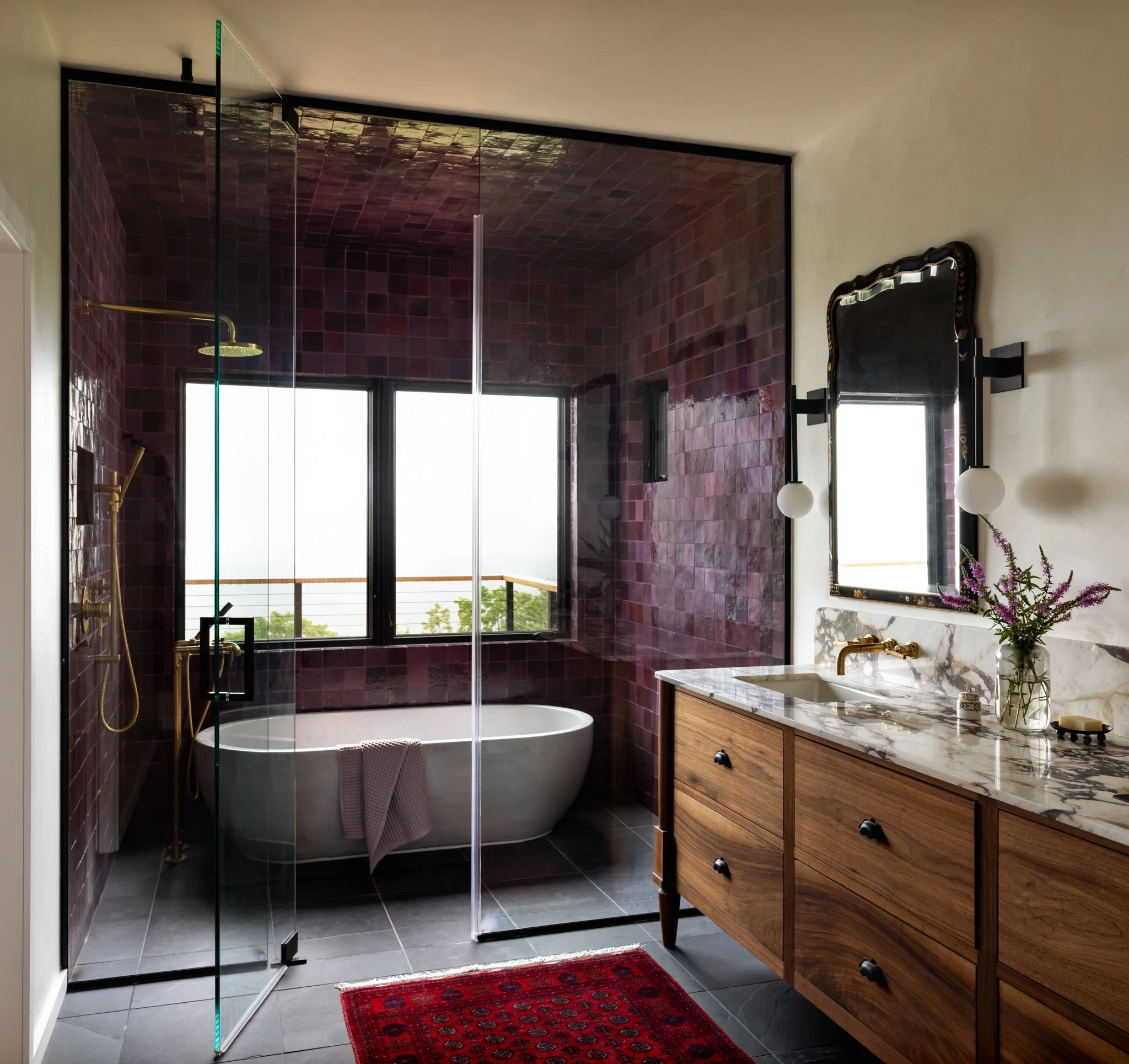 Bathroom with plum shower tile, freestanding tub, glass enclosure, brass fixtures, and wood vanity.