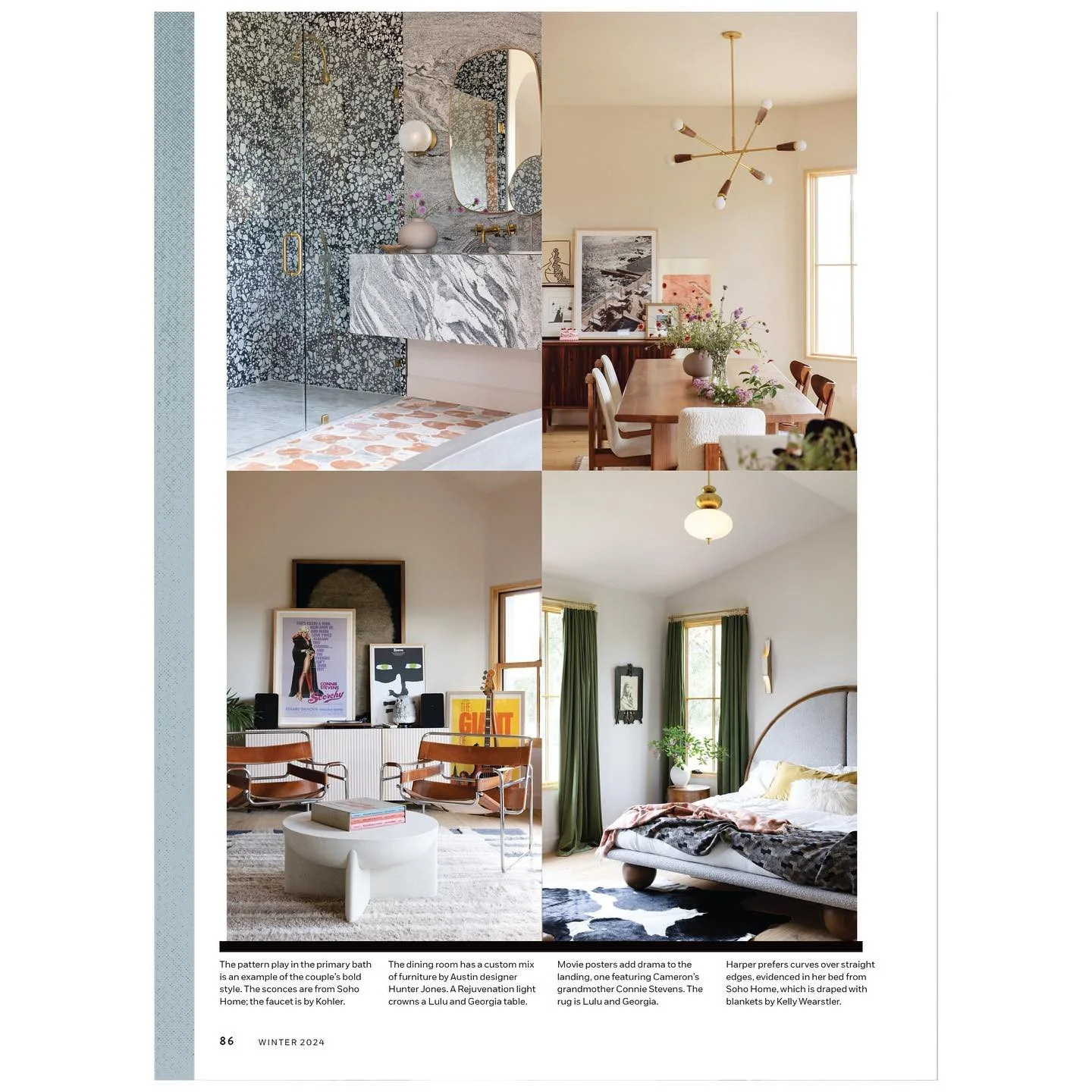 Magazine page with photographs of a bathroom kitchen and bedroom