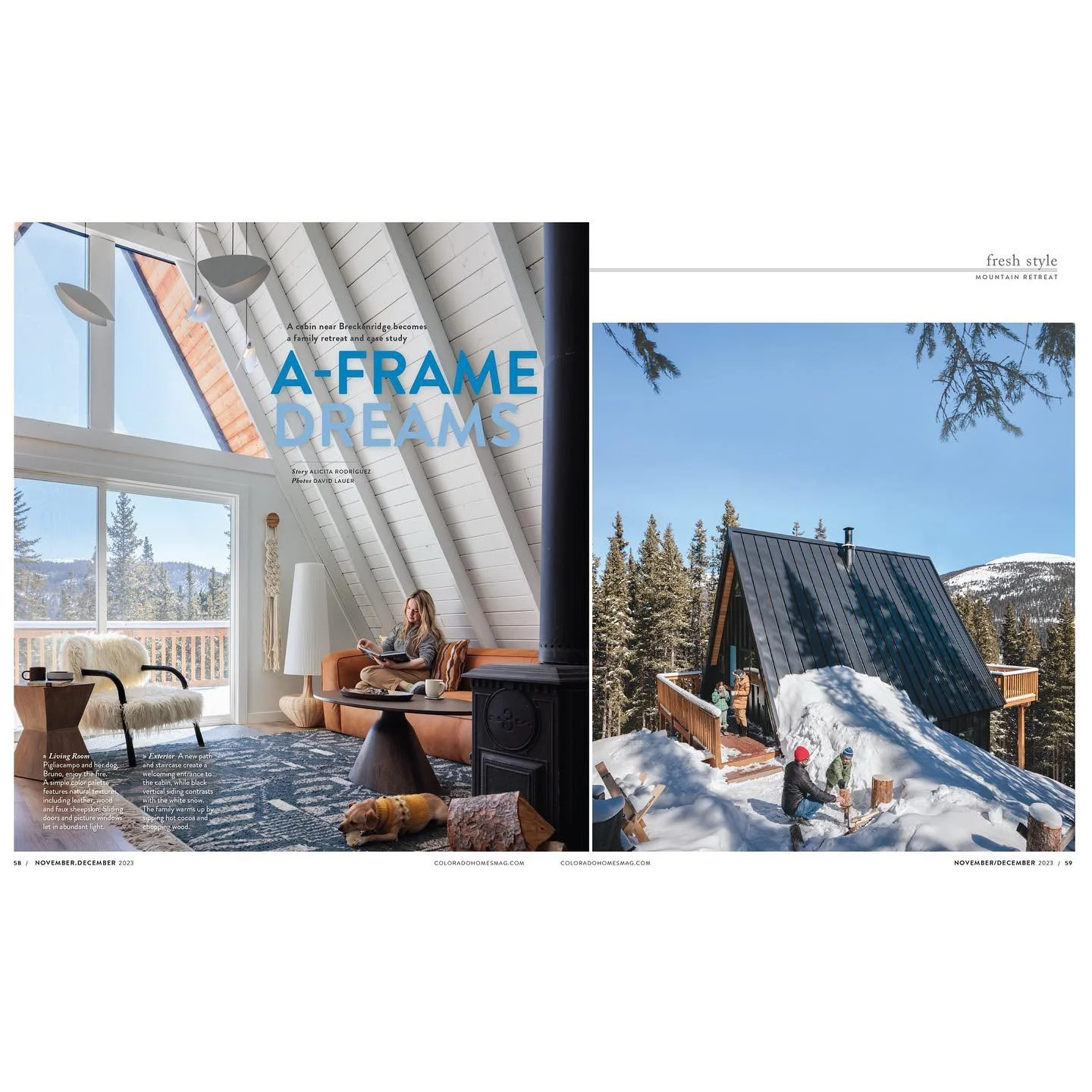Magazine spread showing a bright A-frame living room and snowy cabin exterior
