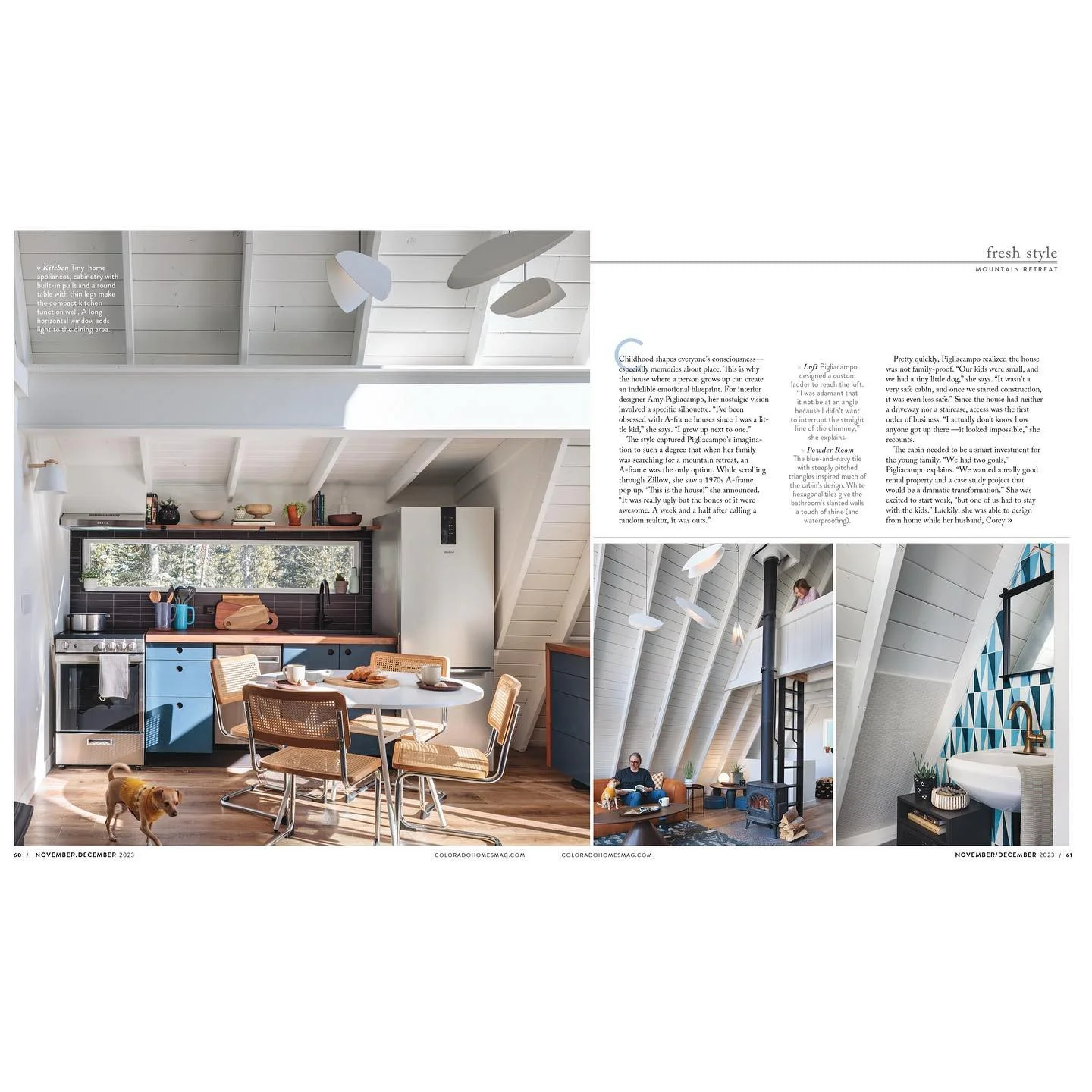 Printed magazine feature with photographs of an A-frame kitchen and living room