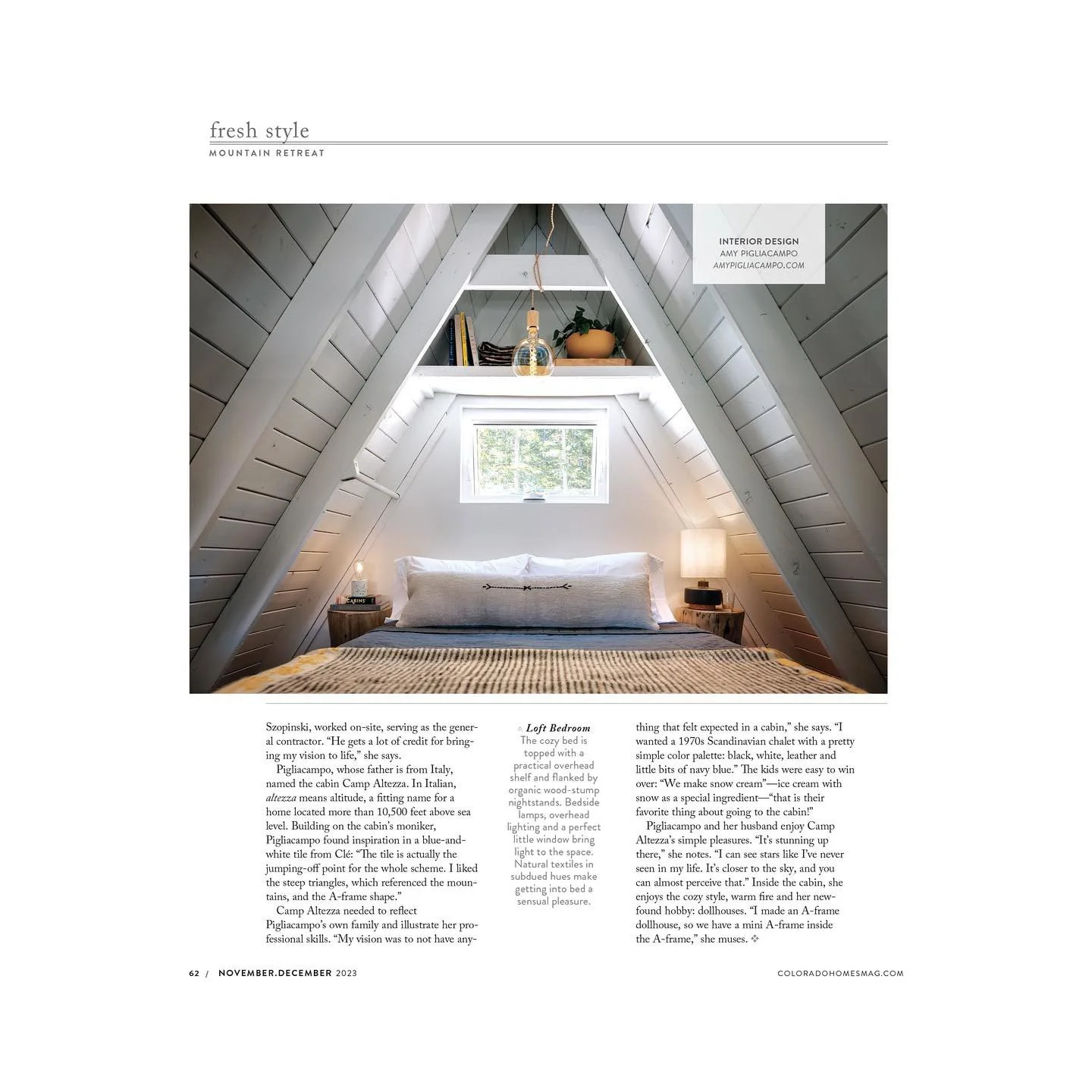 Magazine page featuring a bedroom beneath white A-frame roof beams