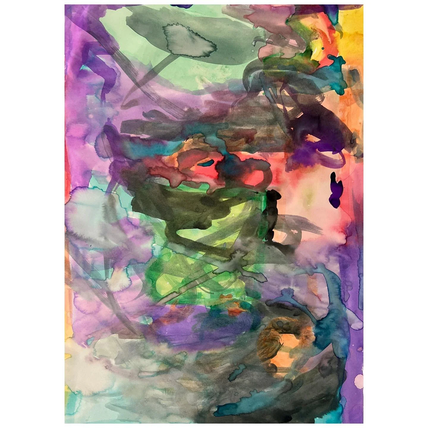 Layered abstract painting with bright green purple and pink marks
