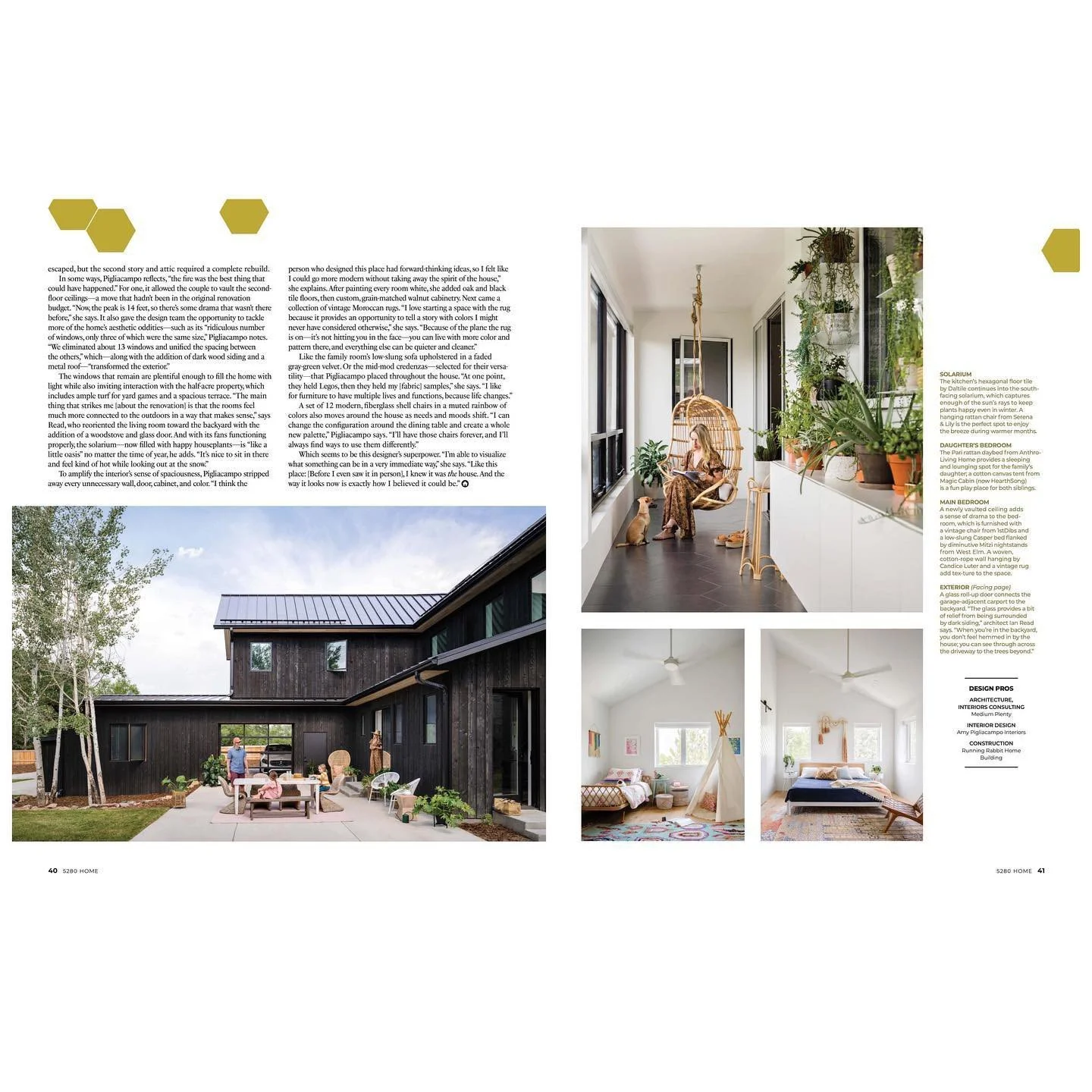 Magazine pages with photographs of a dark house kitchen and light-filled interiors