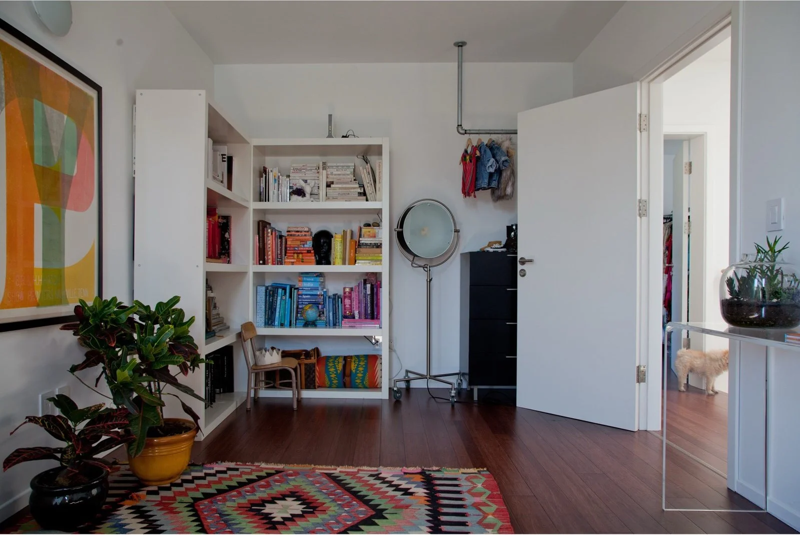 Sunlit living room with white shelving and colorful artwork