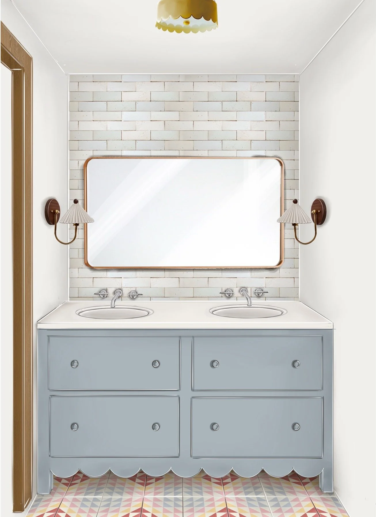 Blue-gray vanity under a framed mirror and yellow light