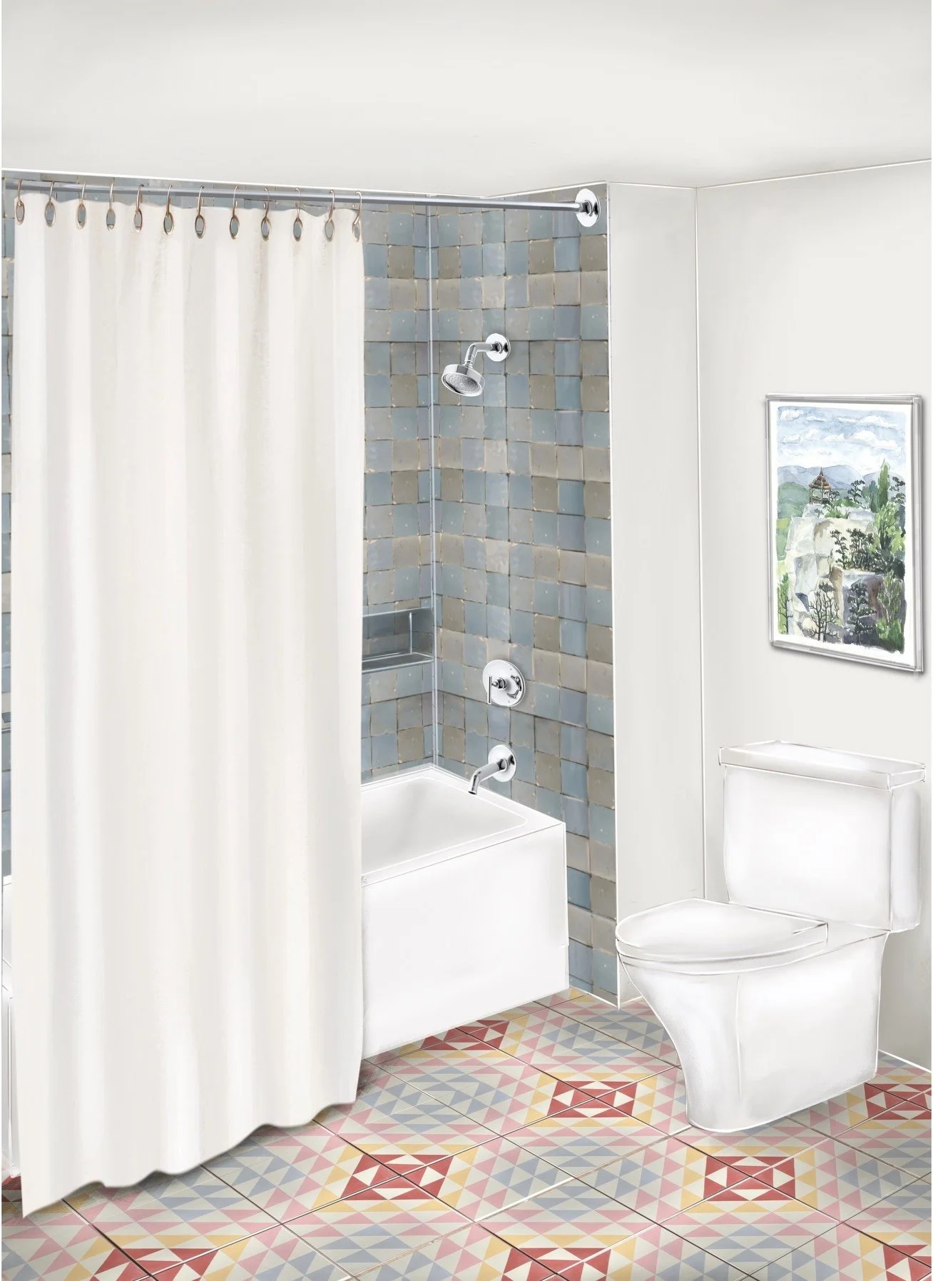 Bathroom with blue shower tile and a patterned tile floor