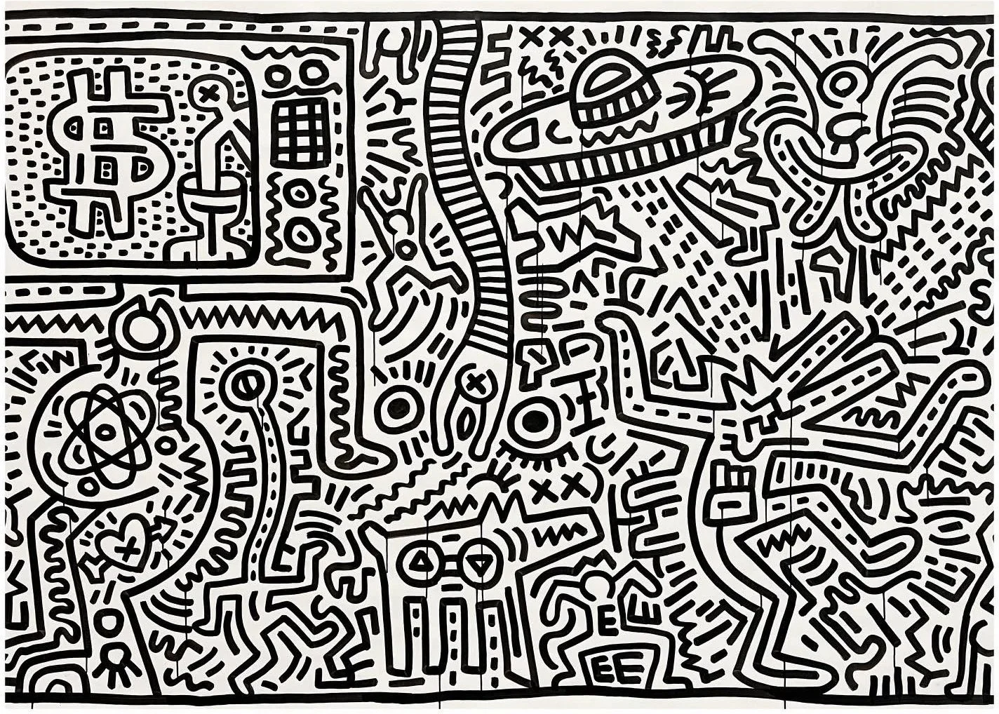 Black-and-white Keith Haring artwork filled with dense graphic figures