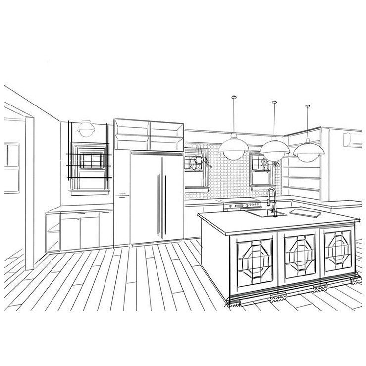 Kitchen perspective drawing showing an island cabinetry and hanging shelves