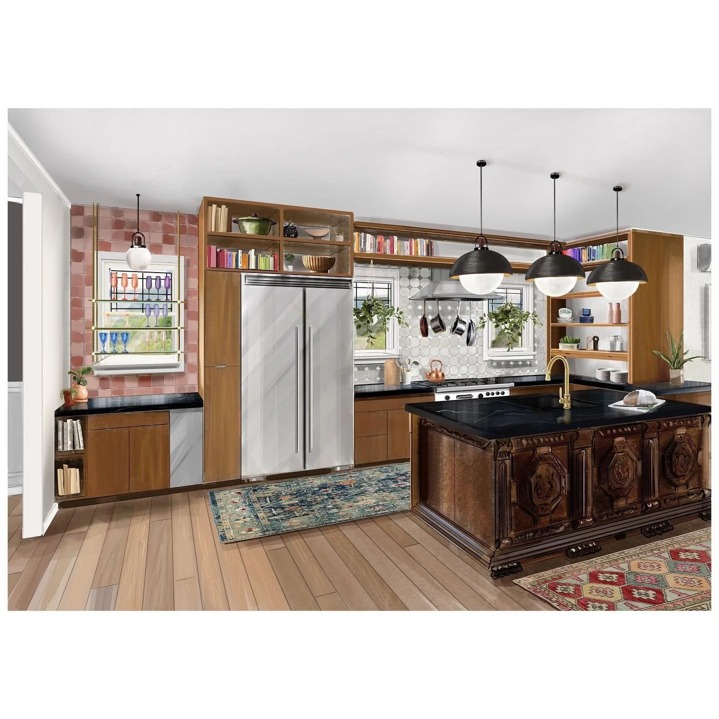 Original kitchen with timber cabinets patterned counters and three pendant lights