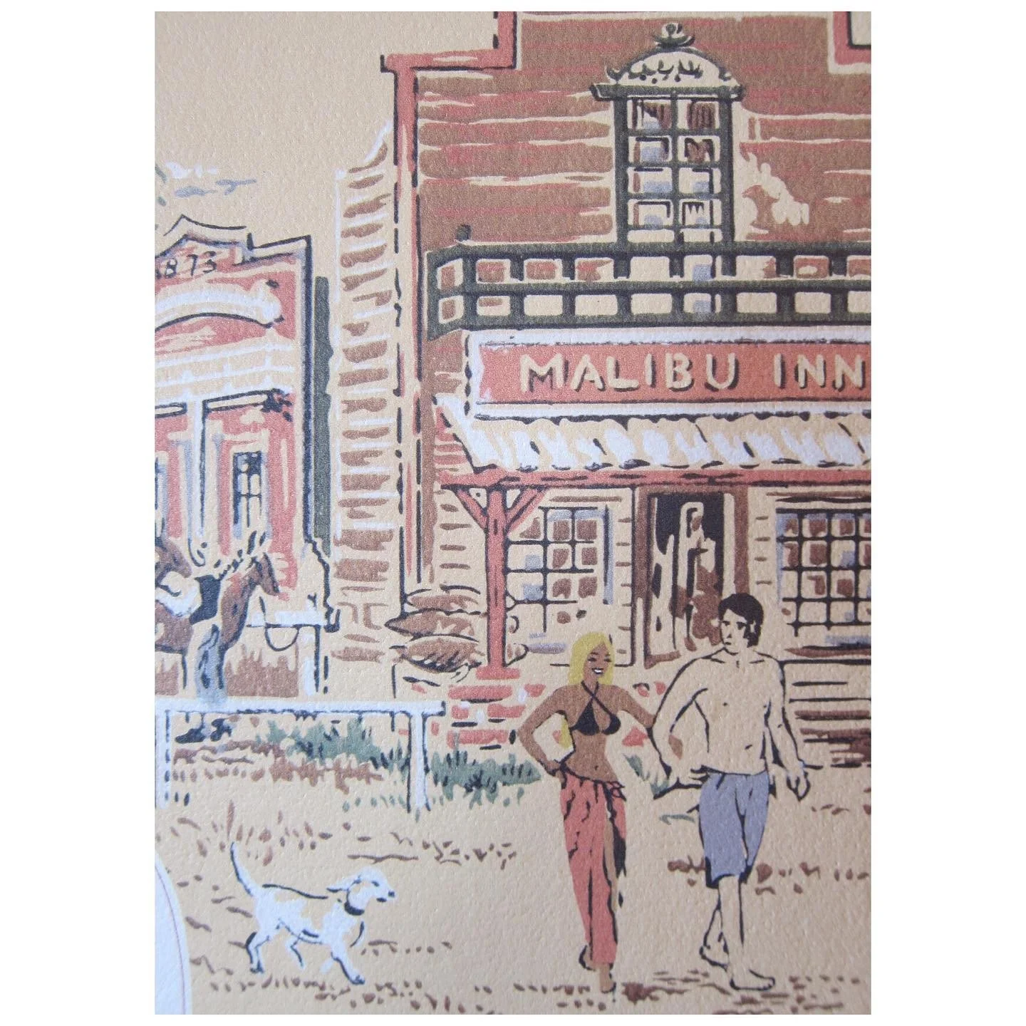 Illustrated toile wallpaper depicting the Malibu Inn facade